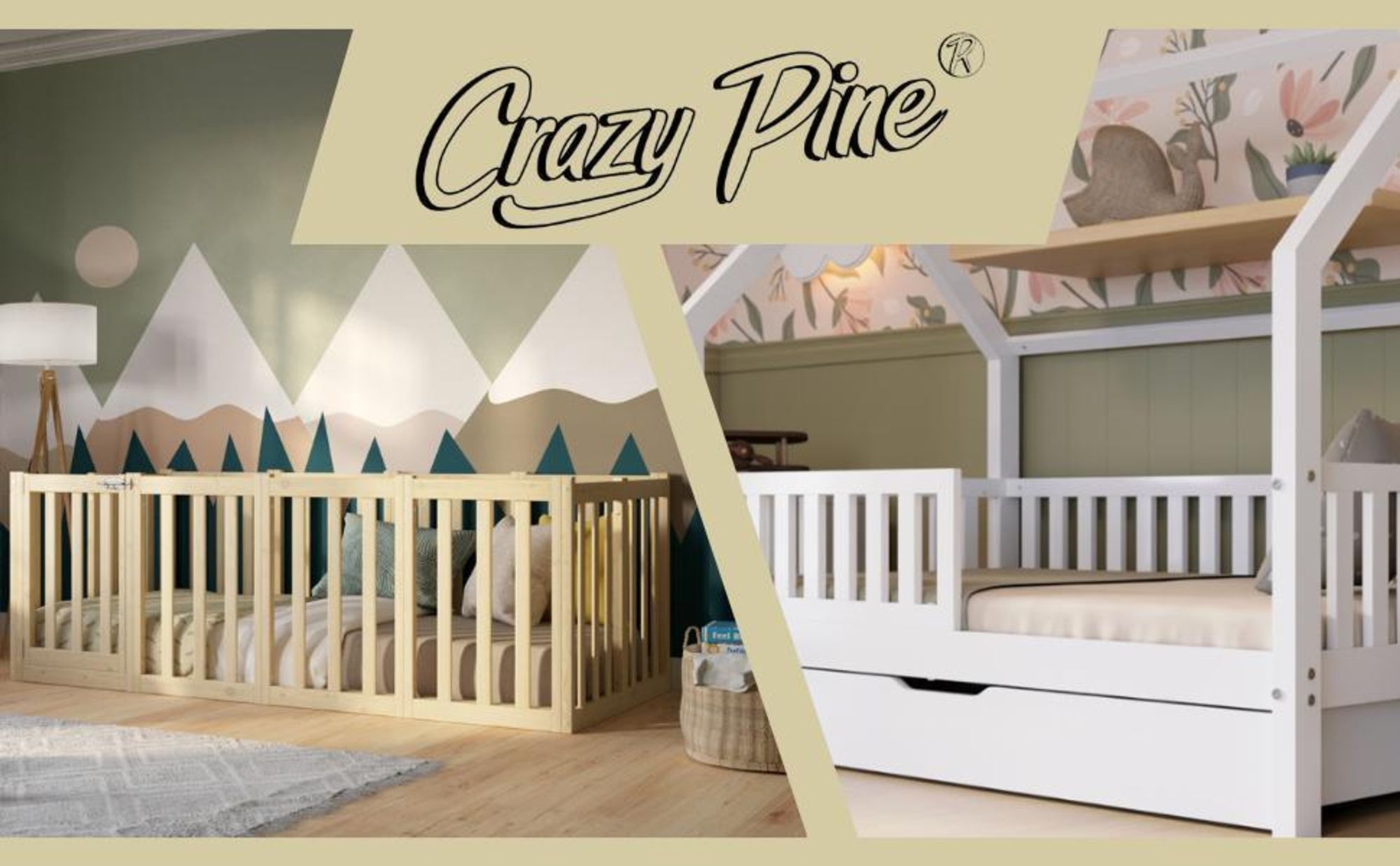 Crazy Pine Kinderbett 120x180 cm – Weiß - Montessori Bodenbett mit Hohem Rausfallschutz 73cm und Öffnbarer Barriere  - Crazy John