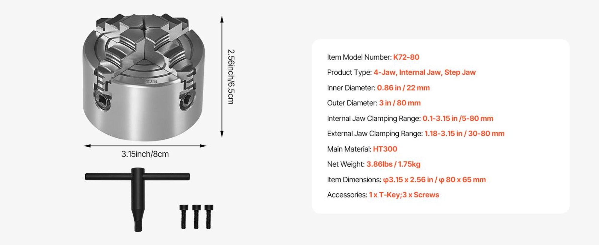 VEVOR 4-Futter Drehfutter, 3 Zoll (80 mm), 4-Futter Unabhängiges Futter, 0,1-3,15 Zoll (5-80 mm) Spannbereich mit T-Schlüssel Befestigungsschrauben Umkehrbare Backen, HT300 Material, Innen Außen für Holz Metall Drehmaschine, 4-Futter Spannzange, 80 mm
