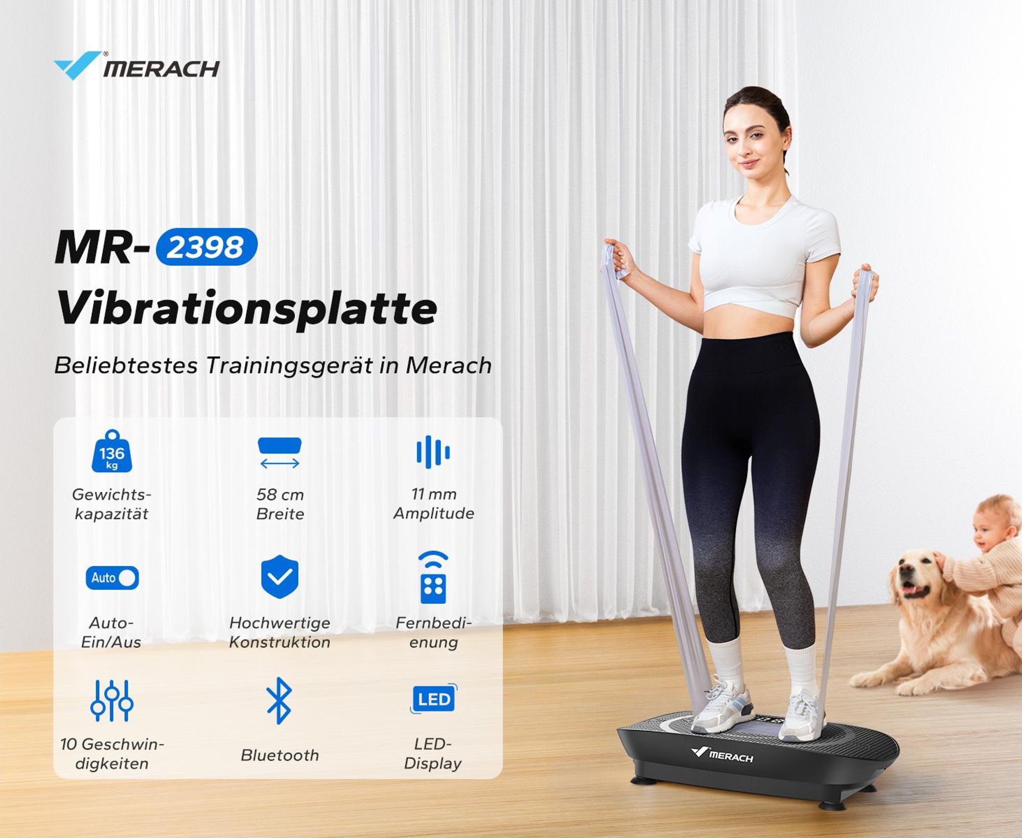 MERACH Vibrationsplatte Trainingsgerät – mit 10 Intensitätsstufen, für Ganzkörpertraining, Fettverbrennung, Muskelaufbau & Formung, schwarz