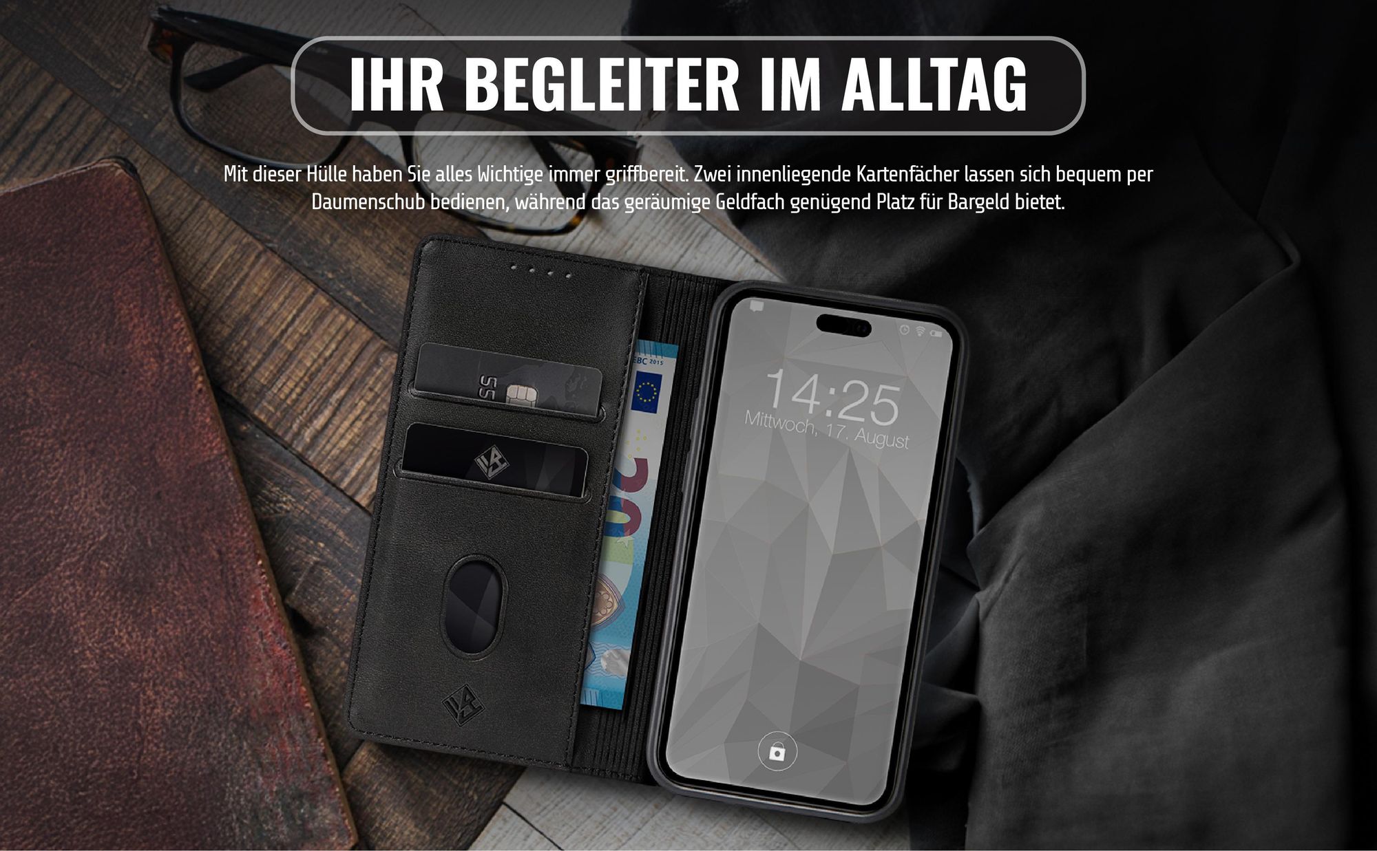 Edle Schutzhülle für Apple iPhone 15 Pro mit Kartenfächern und Geldfach