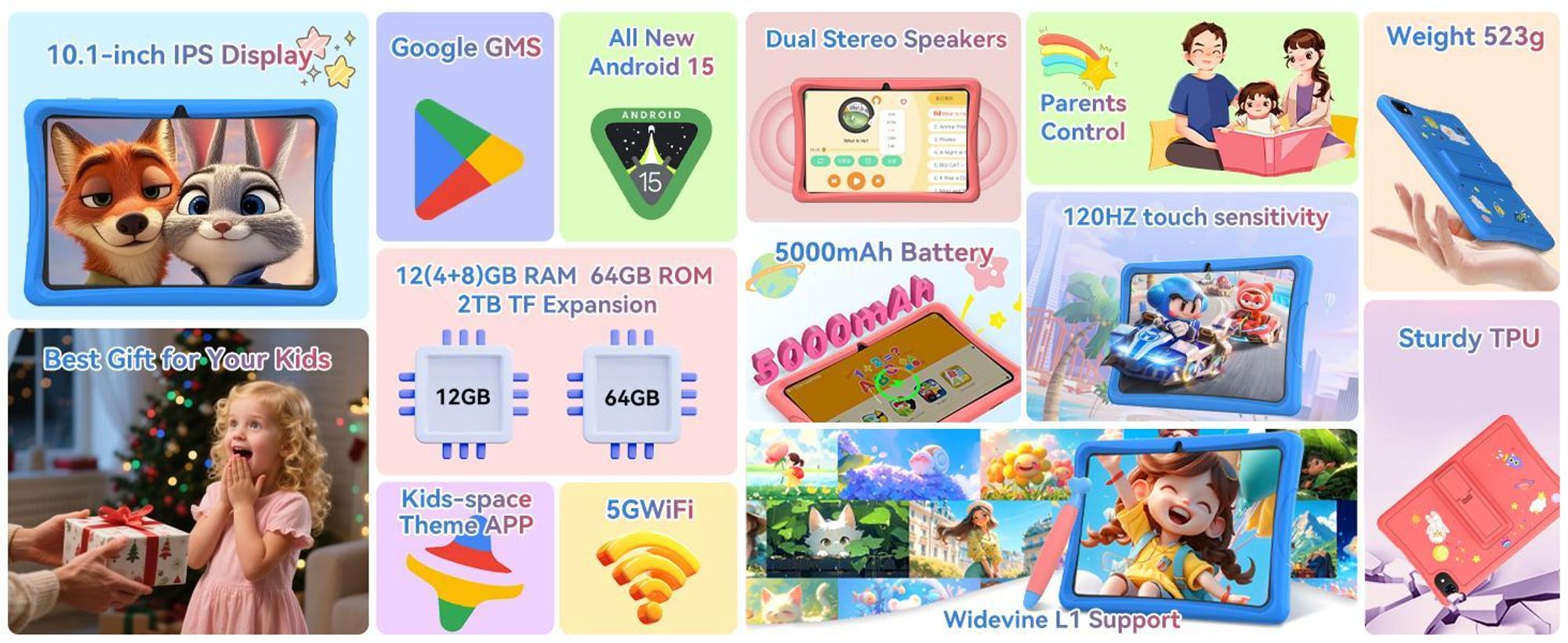KOBONA-Tabwee K10 Kids 10.1" Rosa Tablet, Google Kids Space, 4GB+64GB, Android 15 WiFi Tablet für Kind mit Kindgerechte Hülle und Stift, 5000mAh