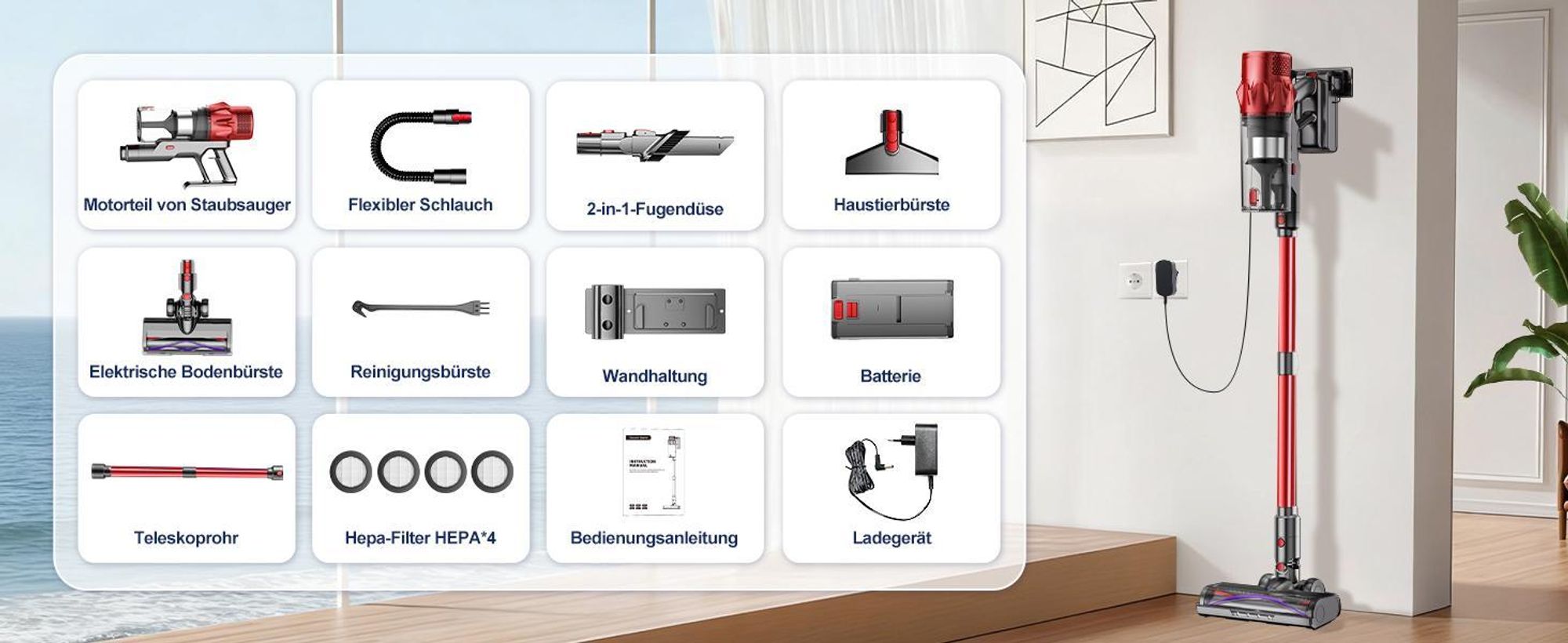 Hiazurm Akku Staubsauger, 85000Pa Staubsauger kabellos mit Touchscreen, HEPAx4, 80Min, Schlauchbürste, Staubsauger, 2L, Anti-Tangle-Staubsauger