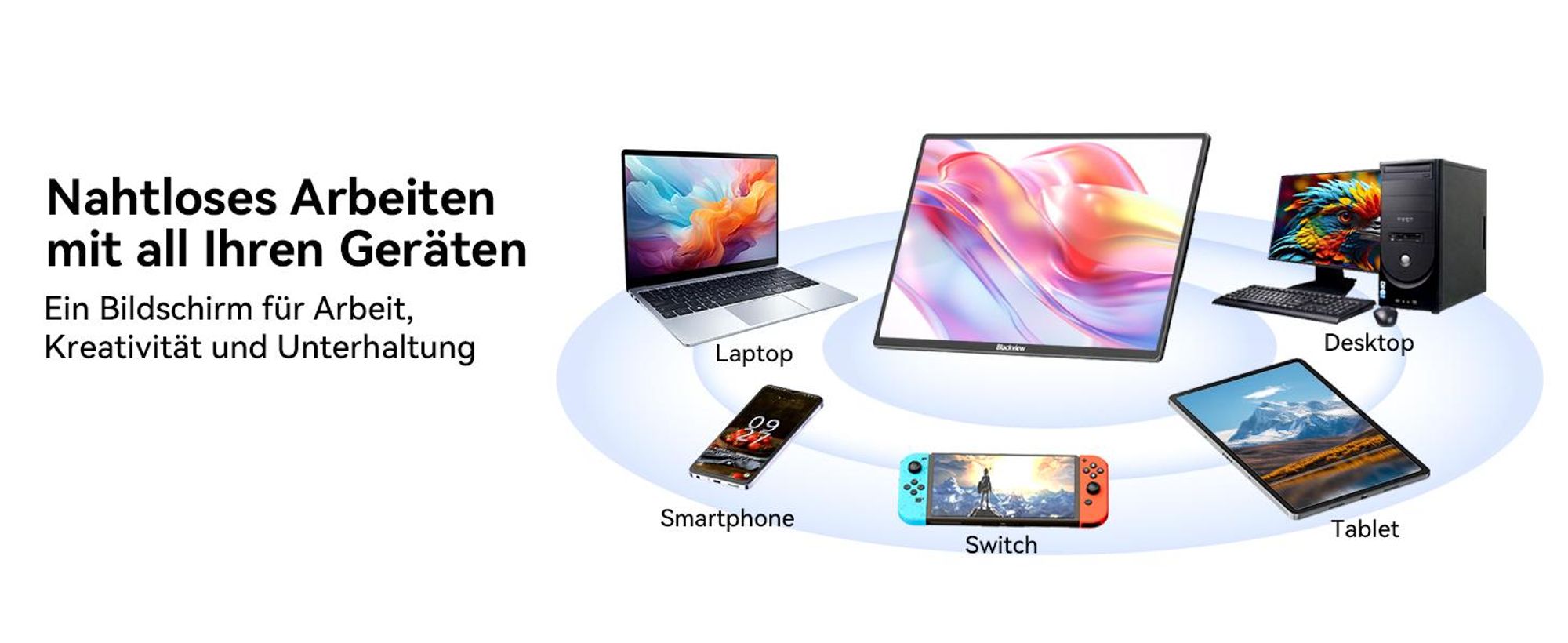 Blackview Table 9 mit Aurabass3 Bluetooth-Box, 16 Zoll FHD tragbarer Monitor, 650g, SÜD , 360° Drehständer, Plug&Play, Kompatibel mit Mac/Win/Android