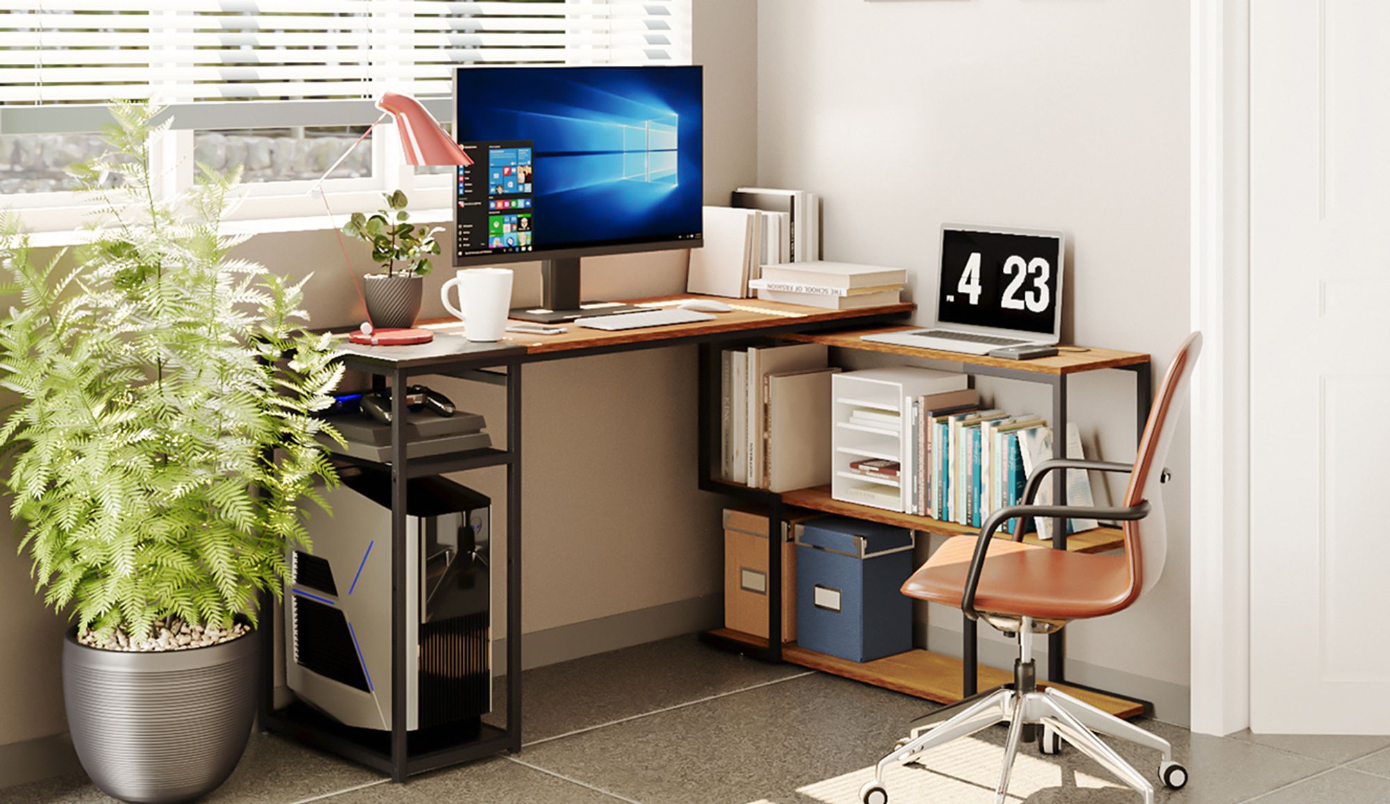 Mondeer Schreibtisch Computertisch L-Förmig Eckschreibtisch mit 360 Grad drehbarem Bücherregal und 2 Ablagen Bürotisch Arbeitstisch 135.5x110x75.5 cm