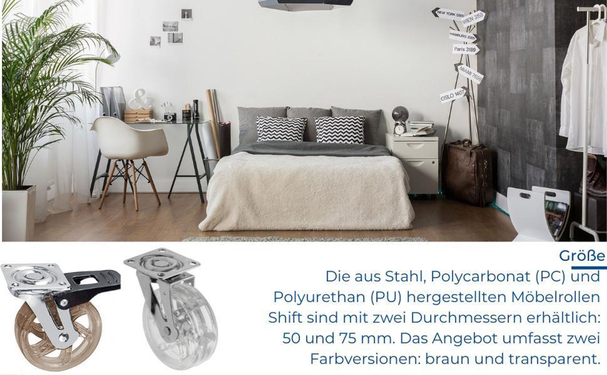 GTV - Möbelrolle B SHIFT ohne Feststeller - Lenkrollen für Möbel - Stahl/PC/PU - Durchmesser 50 mm - Schwenkräder 360 Grad - Gesamtlast pro Rolle: 30 kg - durchsichtig