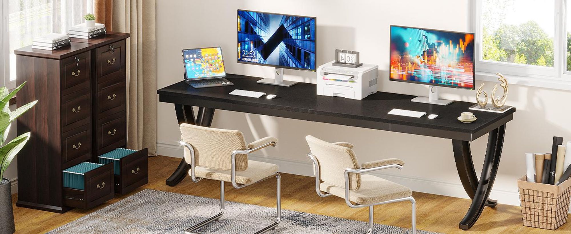 Computertisch für 2 Personen, 200 cm extra langer Schreibtisch, großer Doppelschreibtisch für zwei Personen, Arbeitsplatz mit stilvollen Beinen