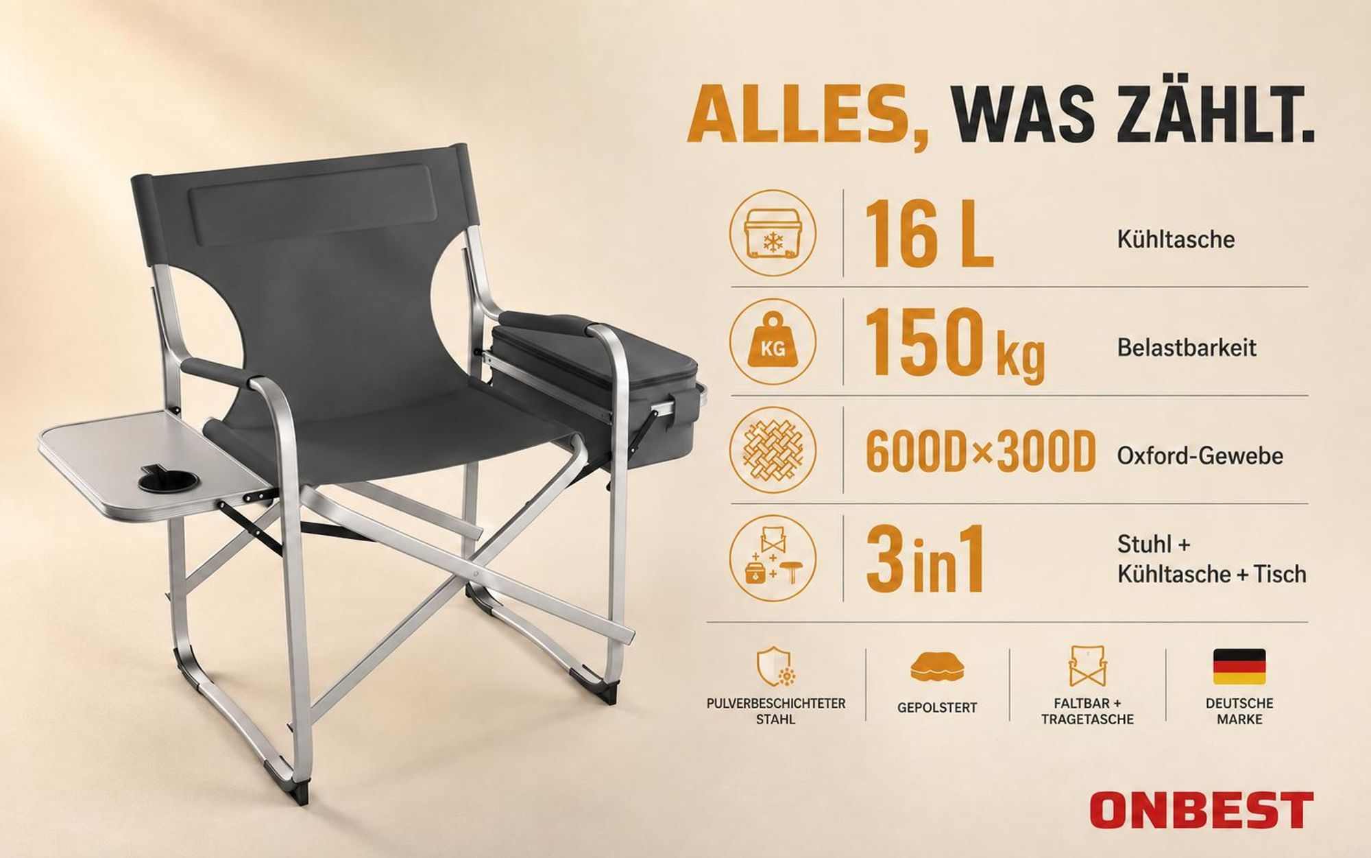 ONBEST Campingstuhl | mit 16L Kühltasche | Seitentisch | 150 kg | Getränkehalter | Oxford 600D*300D Gewebe