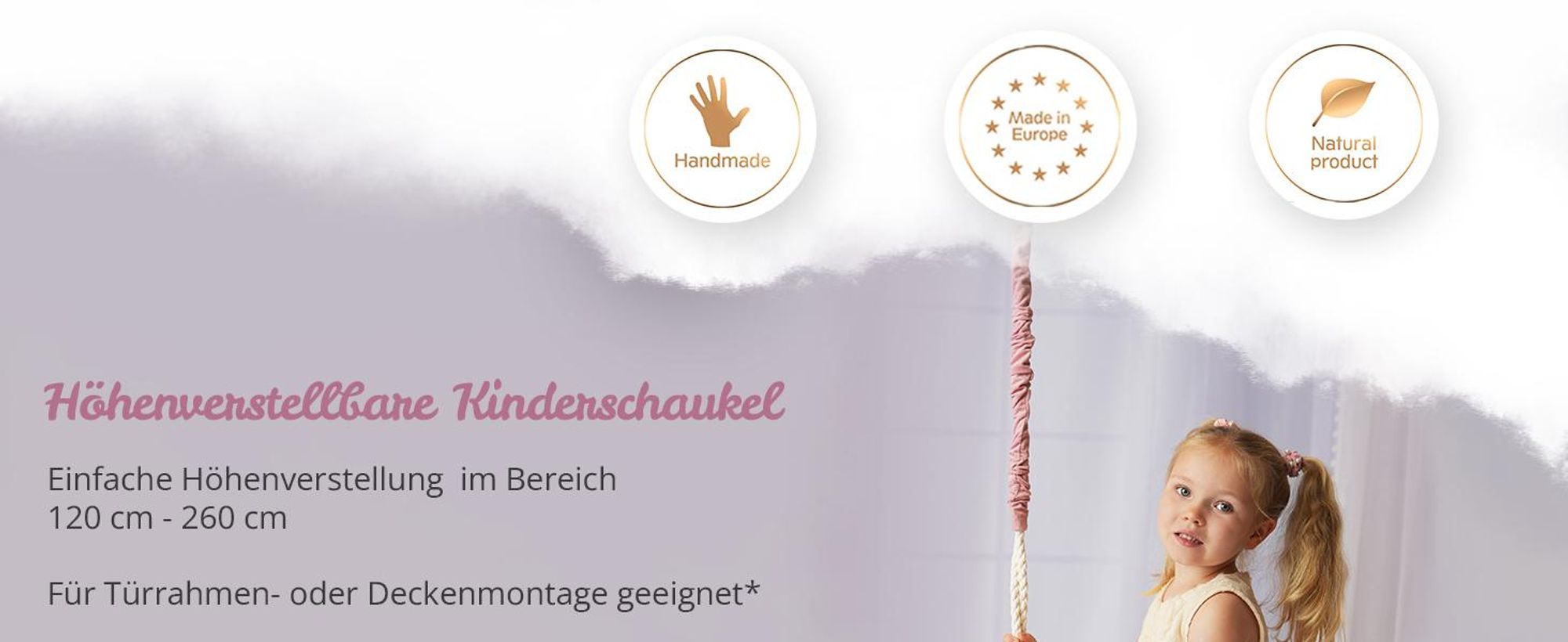Create for you® - Ring Schaukel für Kinder Indoor, mit Baumwollseil, Runde Kinderschaukel, Weicher Sitz, Durchmesser 36 cm, Rosa