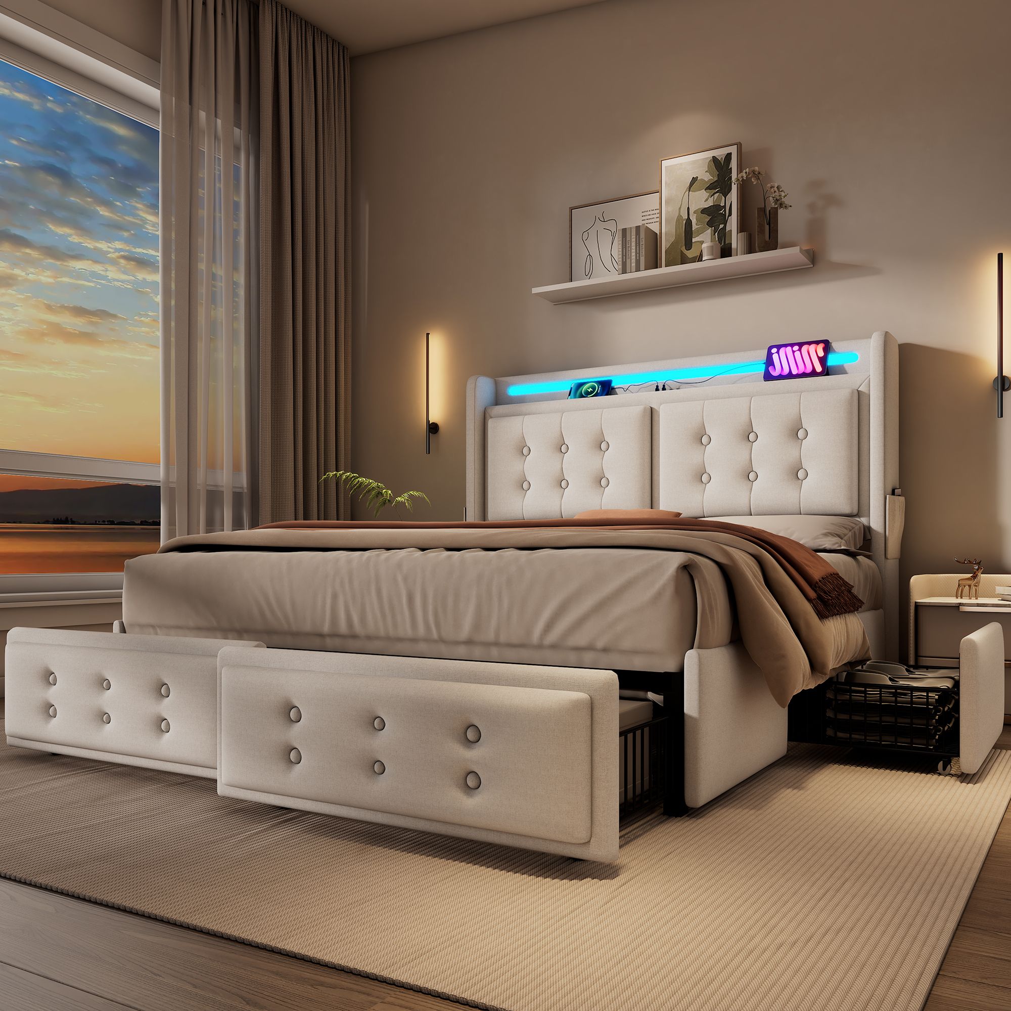 Flieks Polsterbett 140x200cm mit 4 Schubladen, Stauraumbett Doppelbett mit Ladefunktion, Jugendbett Holzbett mit LED, Funktionsbett Baumwolle, Beige