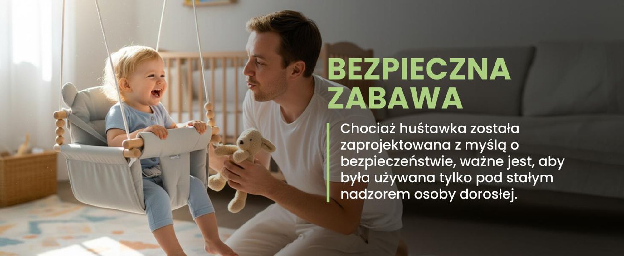 Bawełniana huśtawka dla dzieci w kolorze szarym z poduszką, na sznurkach