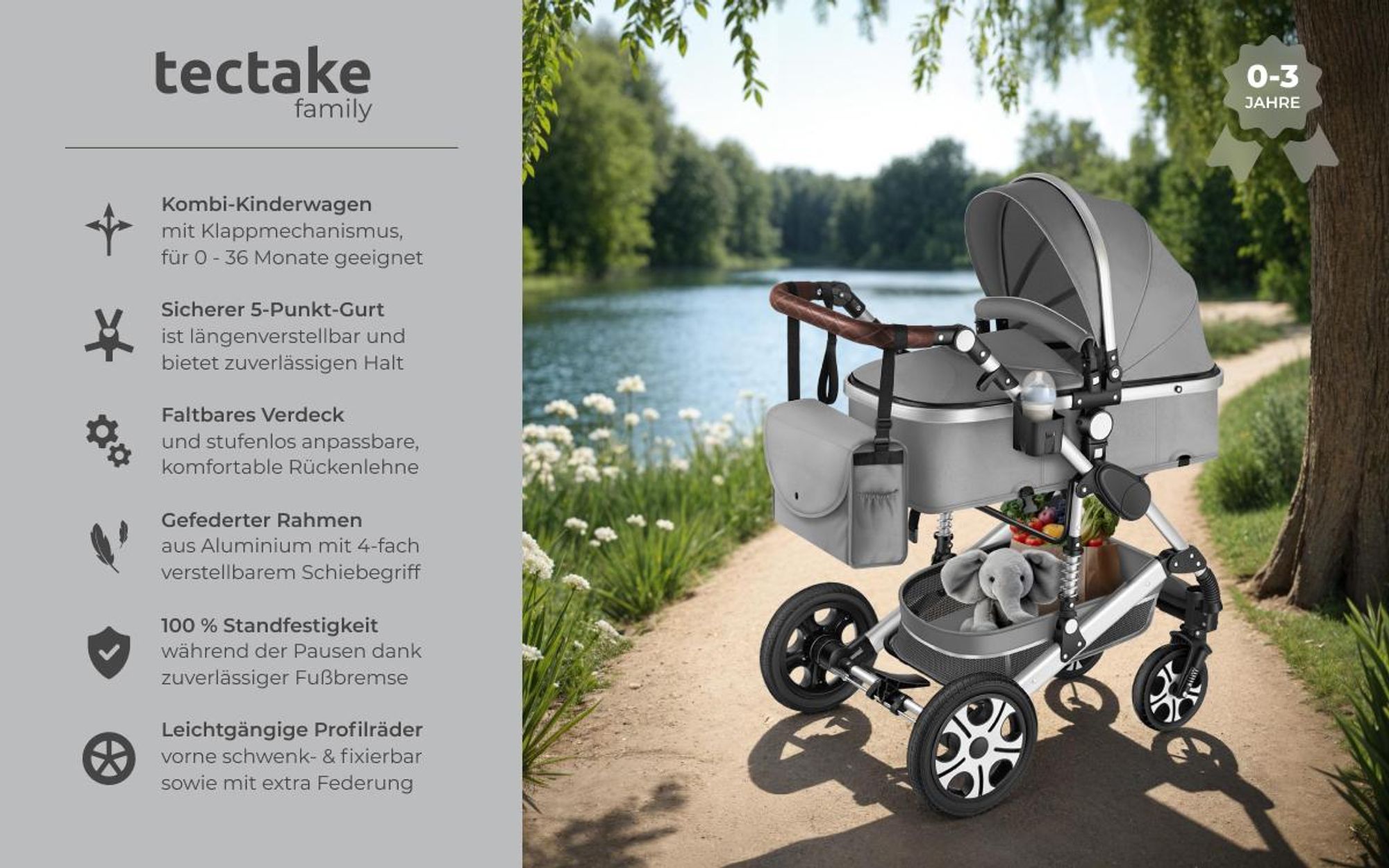 tectake® Kombi-Kinderwagen Mats 2 in 1, klappbar, mit 5-Punkt-Gurt, Bremse, Schutzbügel und Handschlaufe für 0 bis 36 Monate geeignet, Belastbarkeit 15 kg