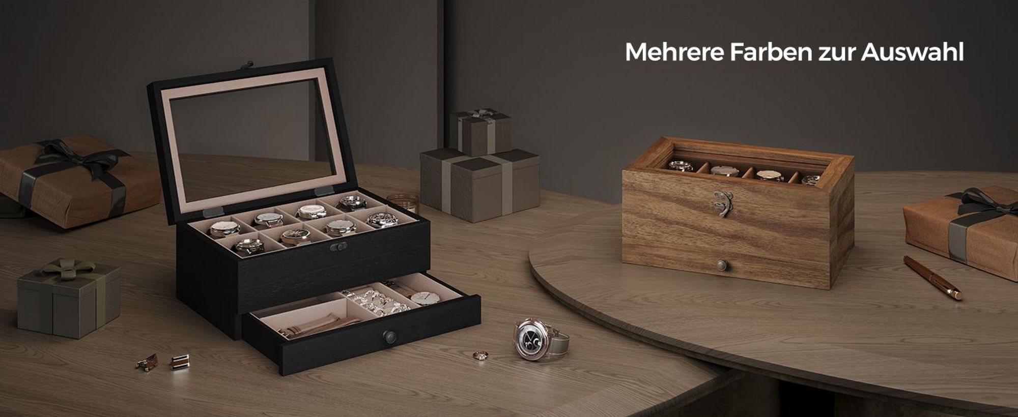 SONGMICS Uhrenbox Uhrenkasten, mit 8 Fächern, aus Massivholz, Glasdeckel