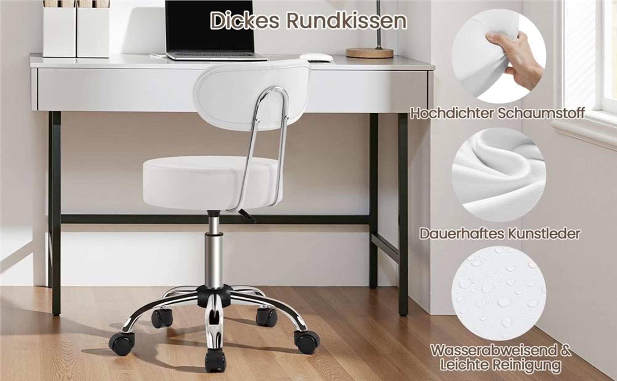 Yaheetech Drehhocker Rollhocker mit abnehmbaren Rückenlehnen, höhenverstellbarer Arbeitshocker, 75.5-85cm, mit Rollen, Weiß