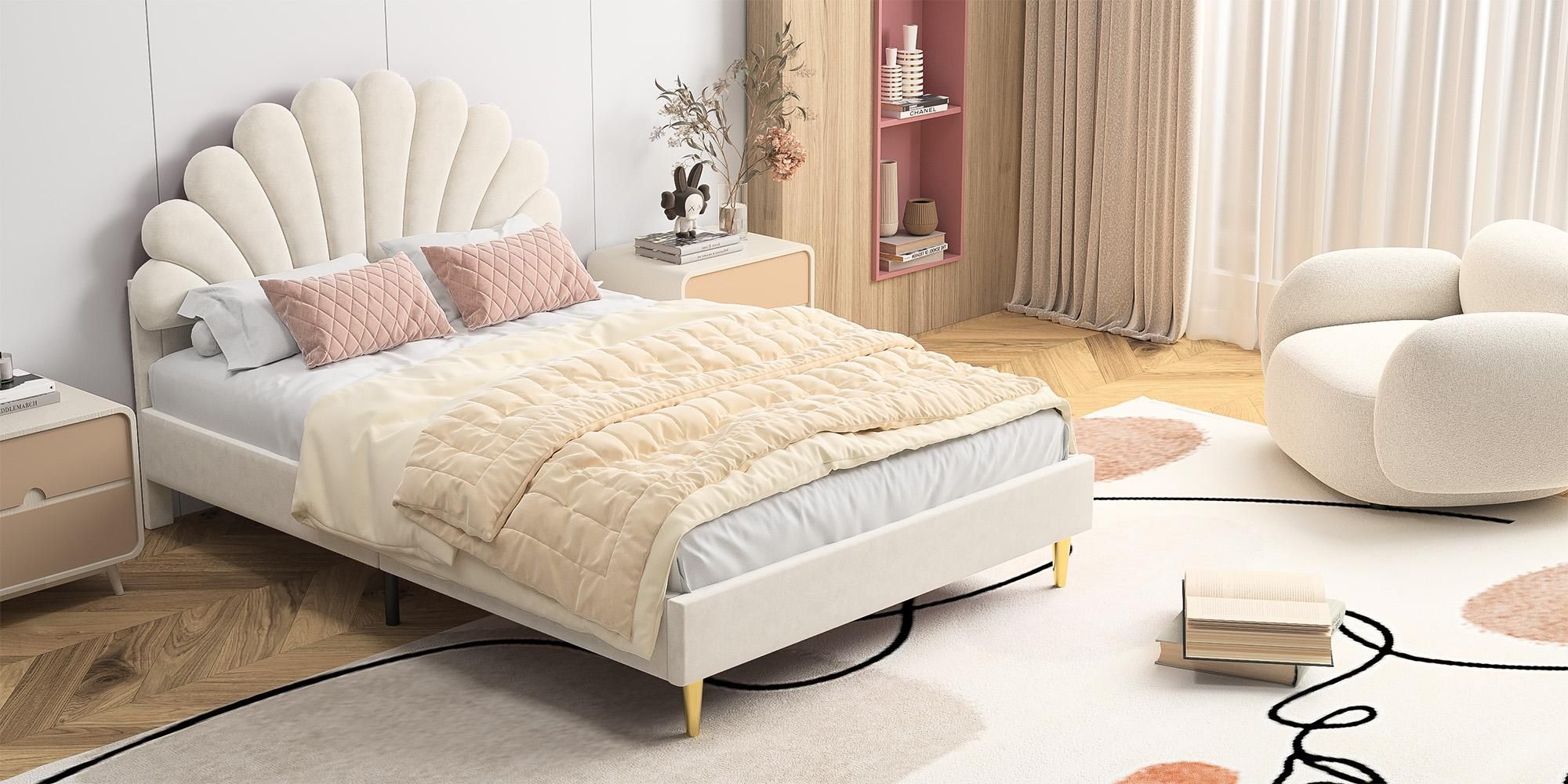 INONEFT Polsterbett Kinderbett 140x200 cm, Doppelbett für Mädchen, Jugendbett Bettgestell mit Blumenförmigem Kopfteil und Lattenrost, Samt Beige