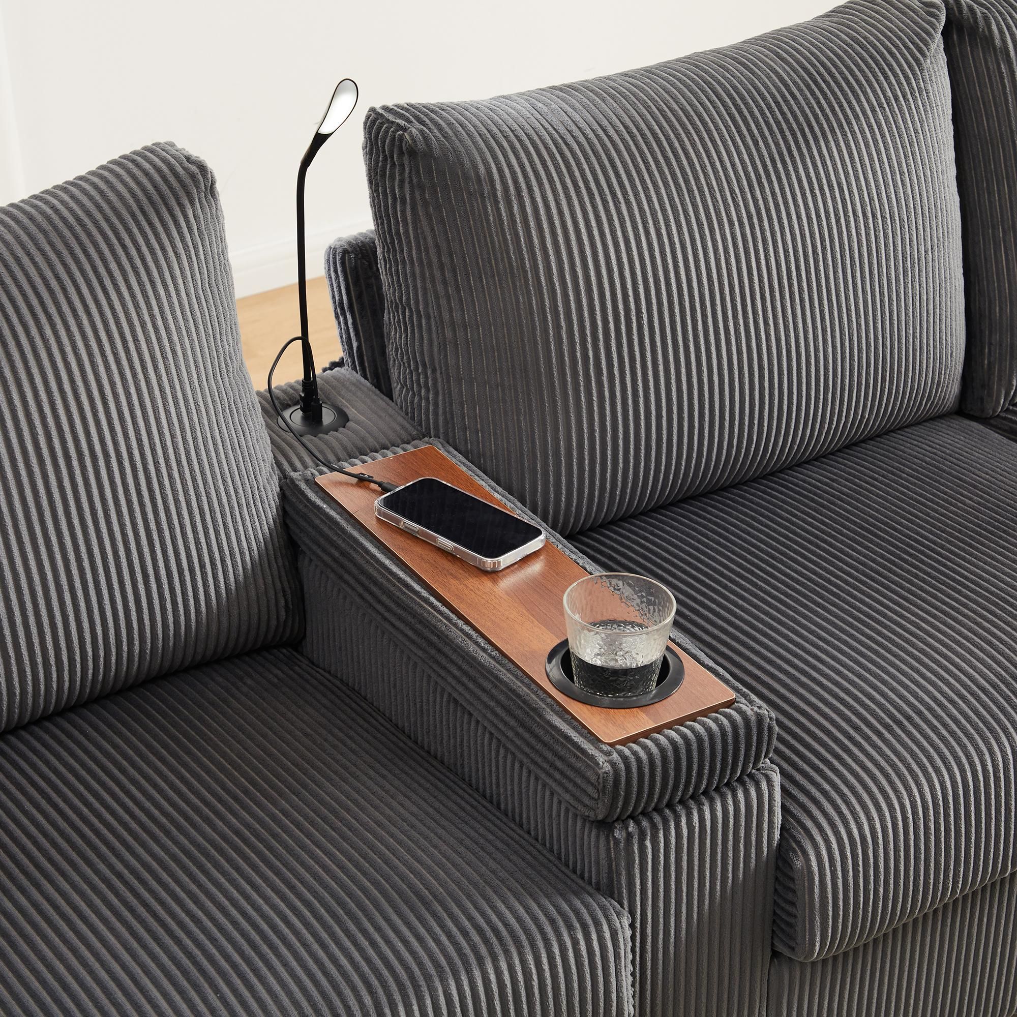 Merax 4-Sitzer Ecksofa U-förmiges, Cord-Sofa mit 2 Hockern, Leselampe, Klappablage, Getränkehalter & USB/Type-C, LED-Beleuchtung, Soffa, Grau