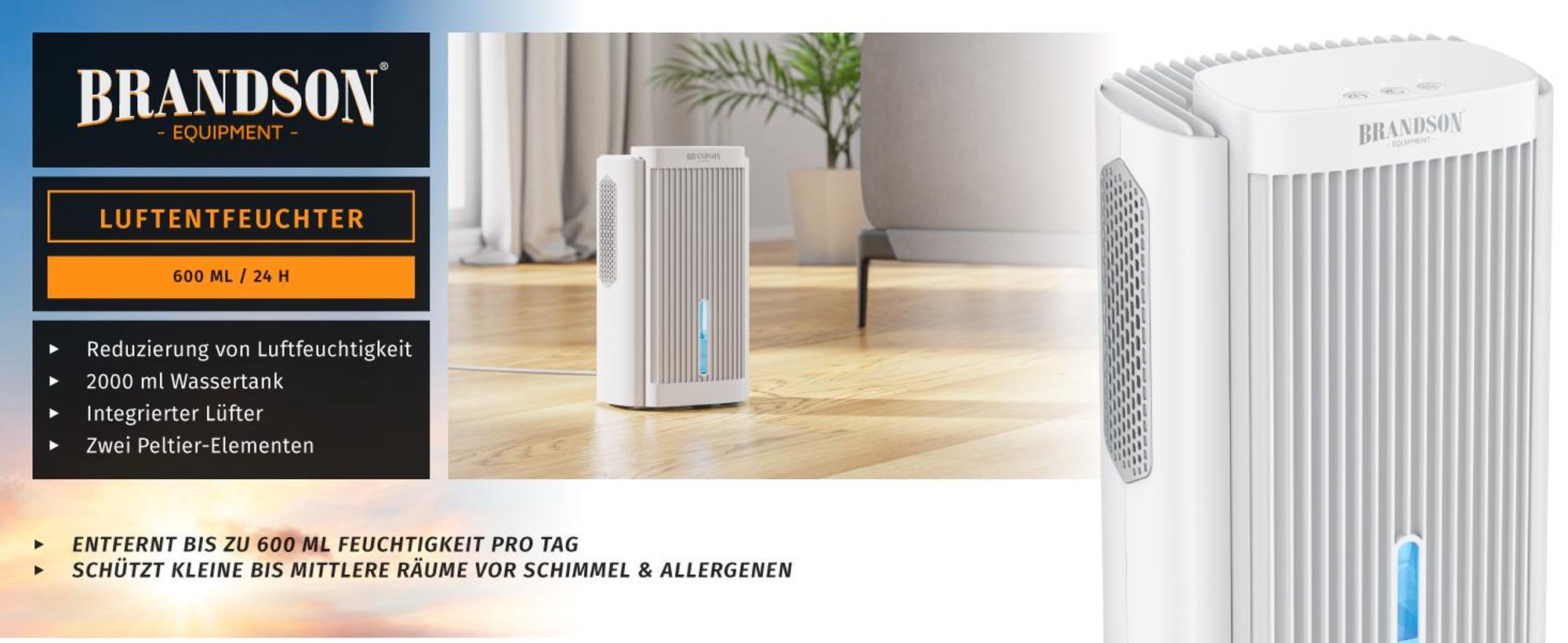 Brandson Luftentfeuchter elektrisch, Raumentfeuchter, klein & leise, Wassertank 2000 ml, für 20 m³ Räume, Entfeuchtung 0,6 l/Tag, Tank 0,6 l, Entfeuchter Peltier Dehumidifier für Wohnung, Badezimmer, Schlafzimmer