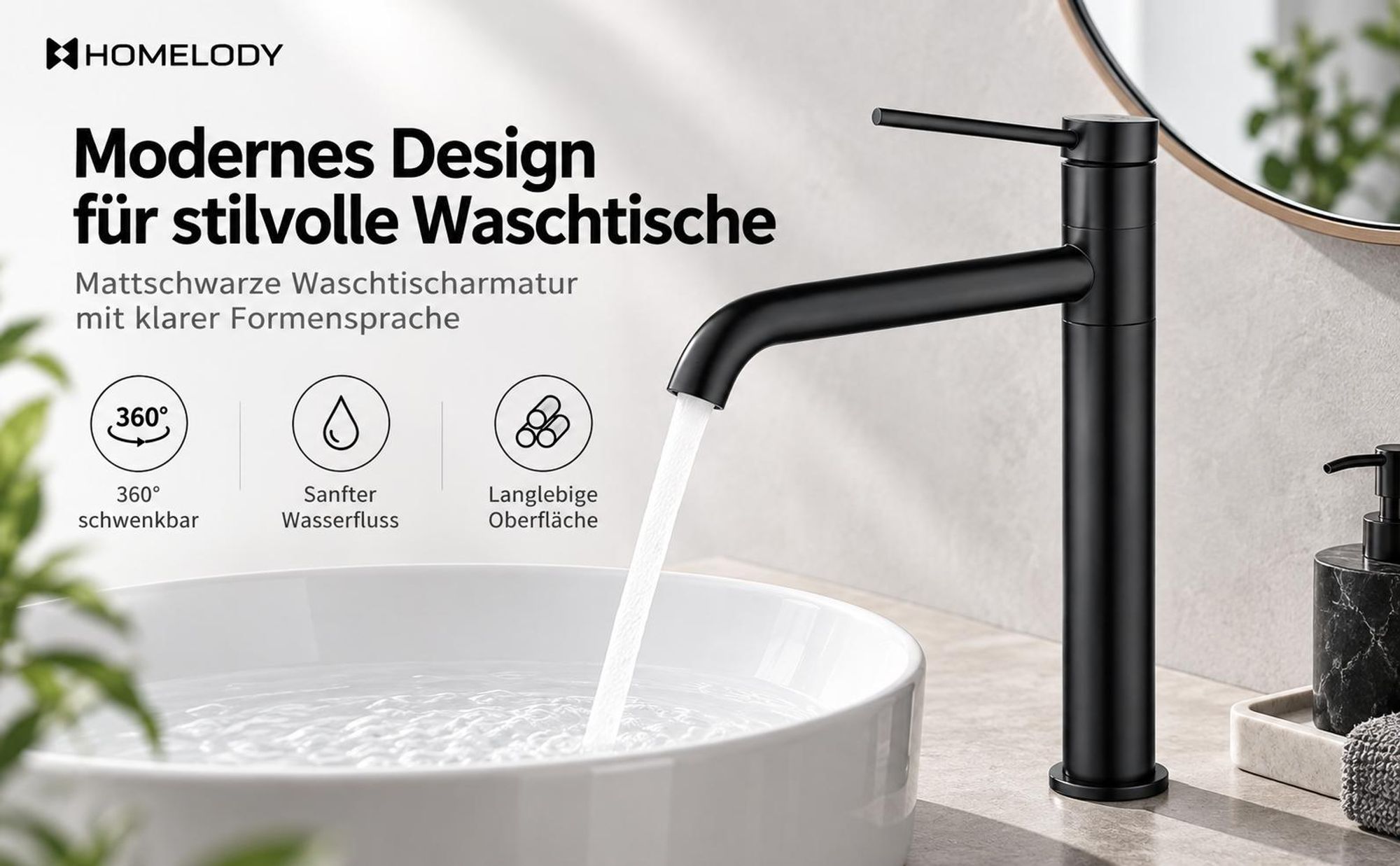 2 x Homelody Badarmatur Wasserhahn Bad aus Edelstahl Waschbecken Armatur mit hohe Ausflauf Mischbatterien 180° Schwenkbar Waschtischarmatur, Schwarz