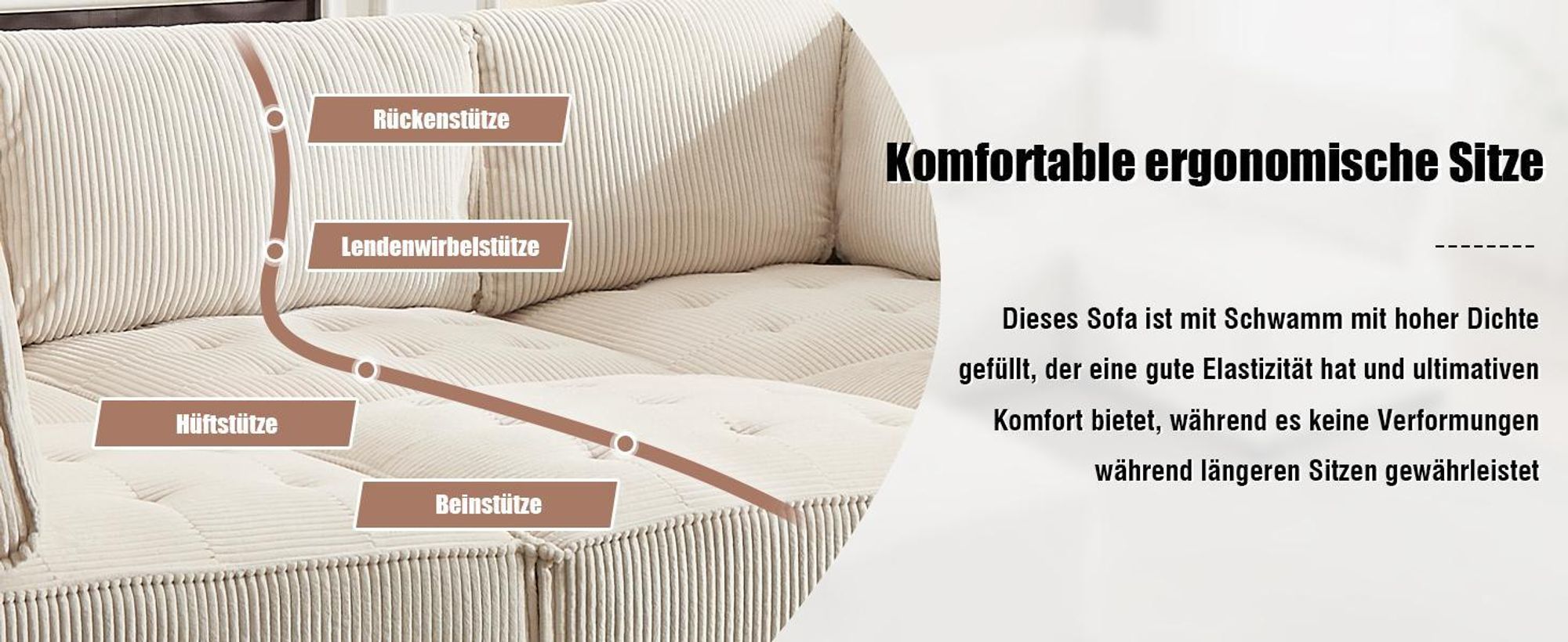 LVHOM Modulares Sofa U Form 308 x 82 x 154 cm, 6-Sitzer mit Schlaffunktion, Modular Cord Ecksofa, umwandelbares Schaumstoffsofa, Sofagarnitur, Beige