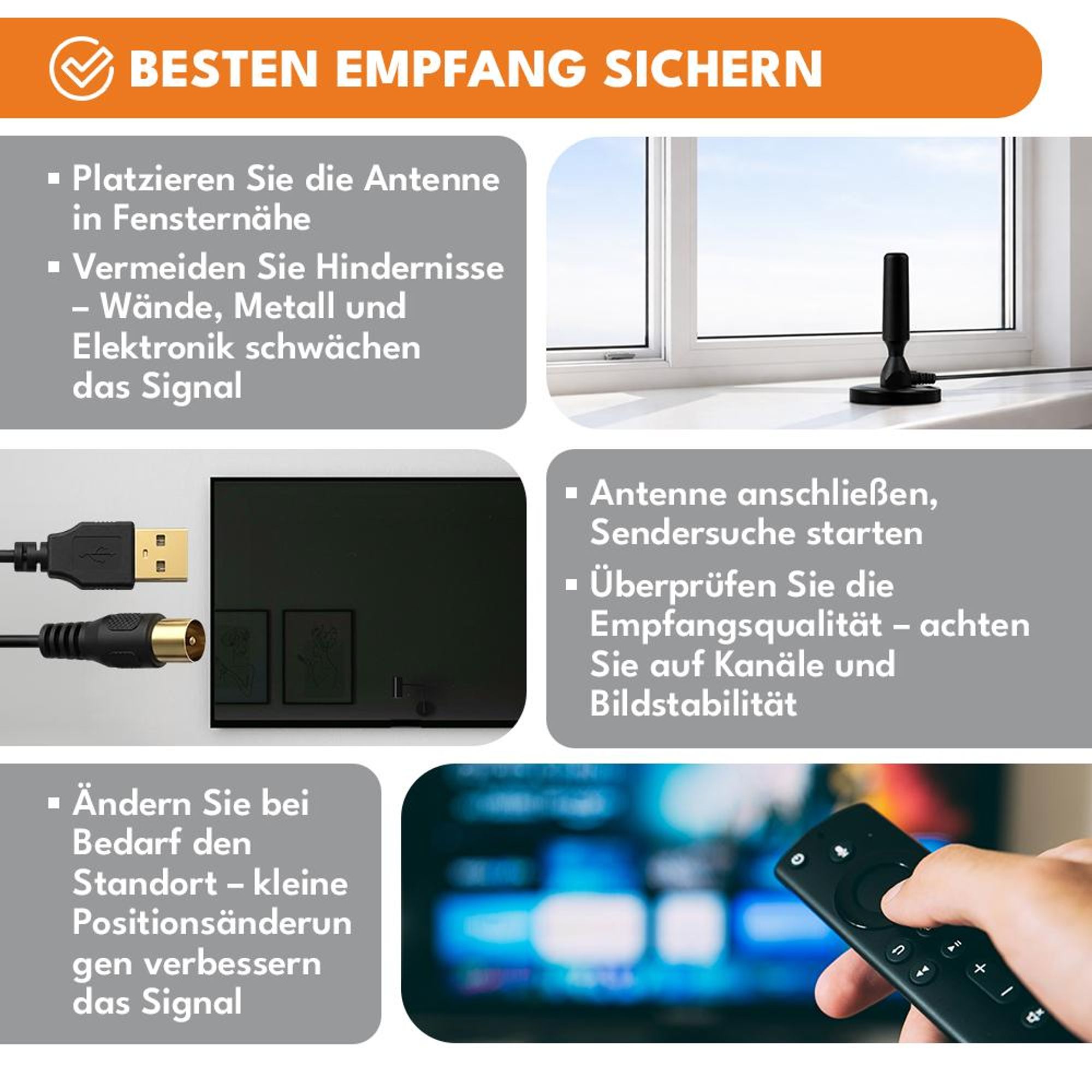 KRUMAD DVB-T2 Antenne mit Verstärker, Zimmerantenne für TV, Antennenverstärker für Digital TV, Empfang ohne Kabel & Satellit, VHF UHF, Schwarz