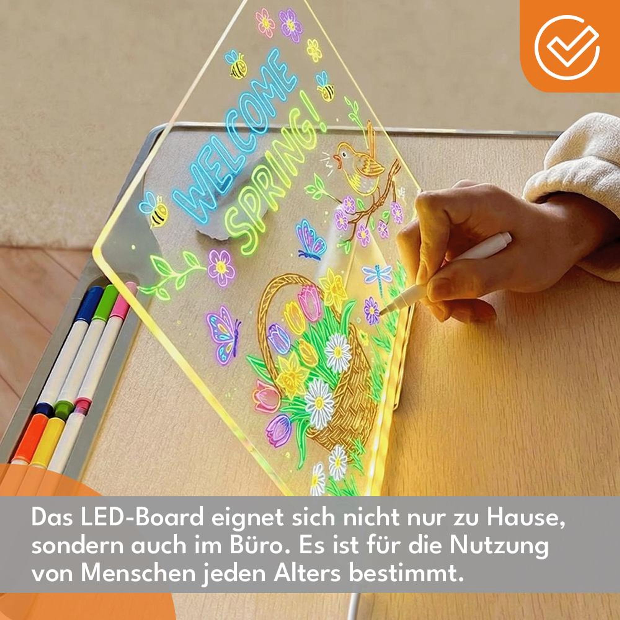 KRUMAD LED Notiztafel 30x20 cm Acryl Transparent mit Farben, Wiederverwendbare Schreibtafel mit USB, Leuchttafel für Notizen Zeichnen Büro
