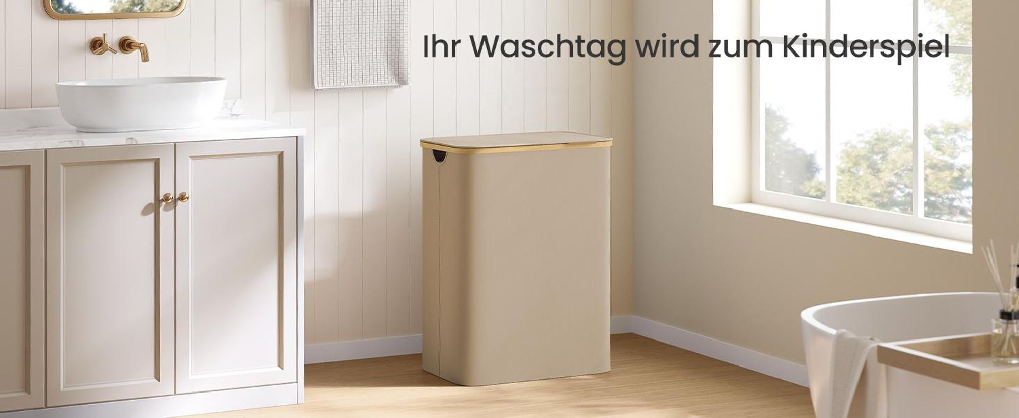 Wäschekorb 2 Fächer, Wäschesammler mit Deckel, 130 L, herausnehmbarer Wäschesack, Oxford-Gewebe, zusammenklappbar, kamelbraun