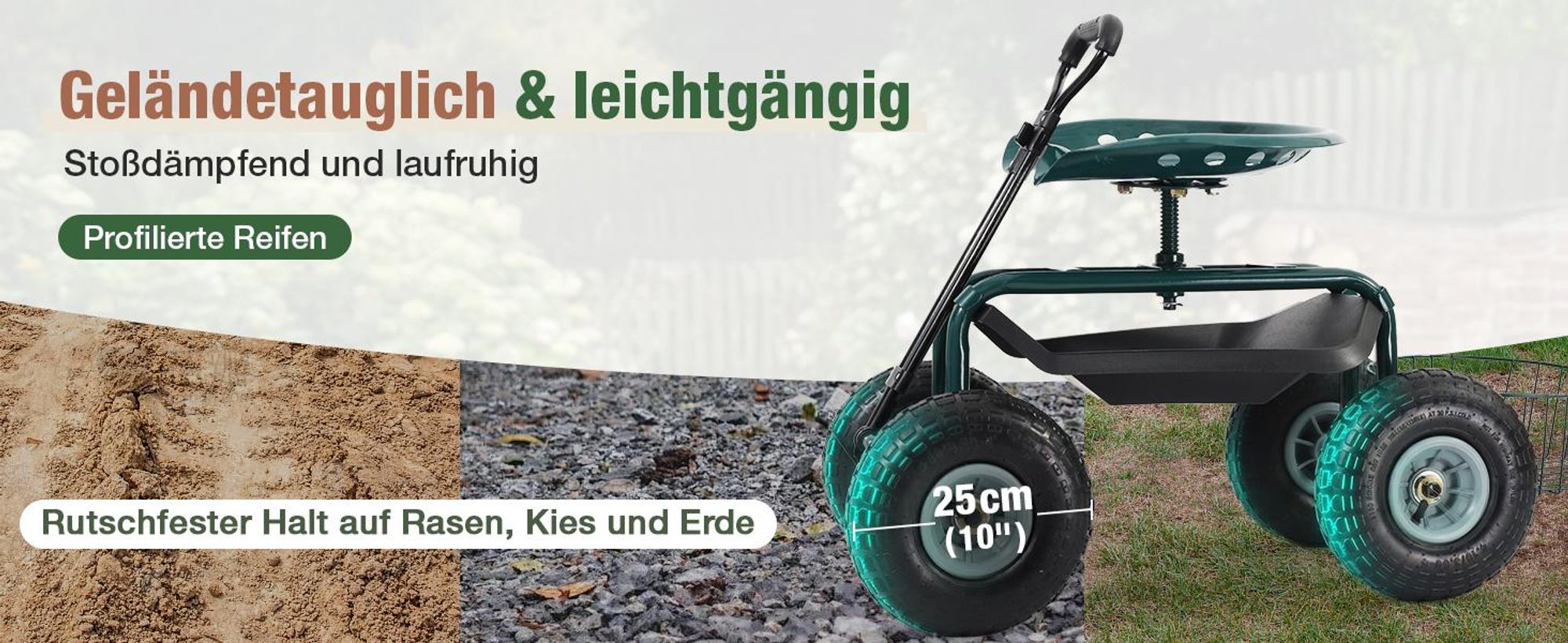 Sekey Kniebank Rollsitz Garten 360 Grad Drehbar Luftreifen Gartensitz Erntehilfe bis 180kg Belastbar Gartenhocker Griff Ablage für Gewächshaus
