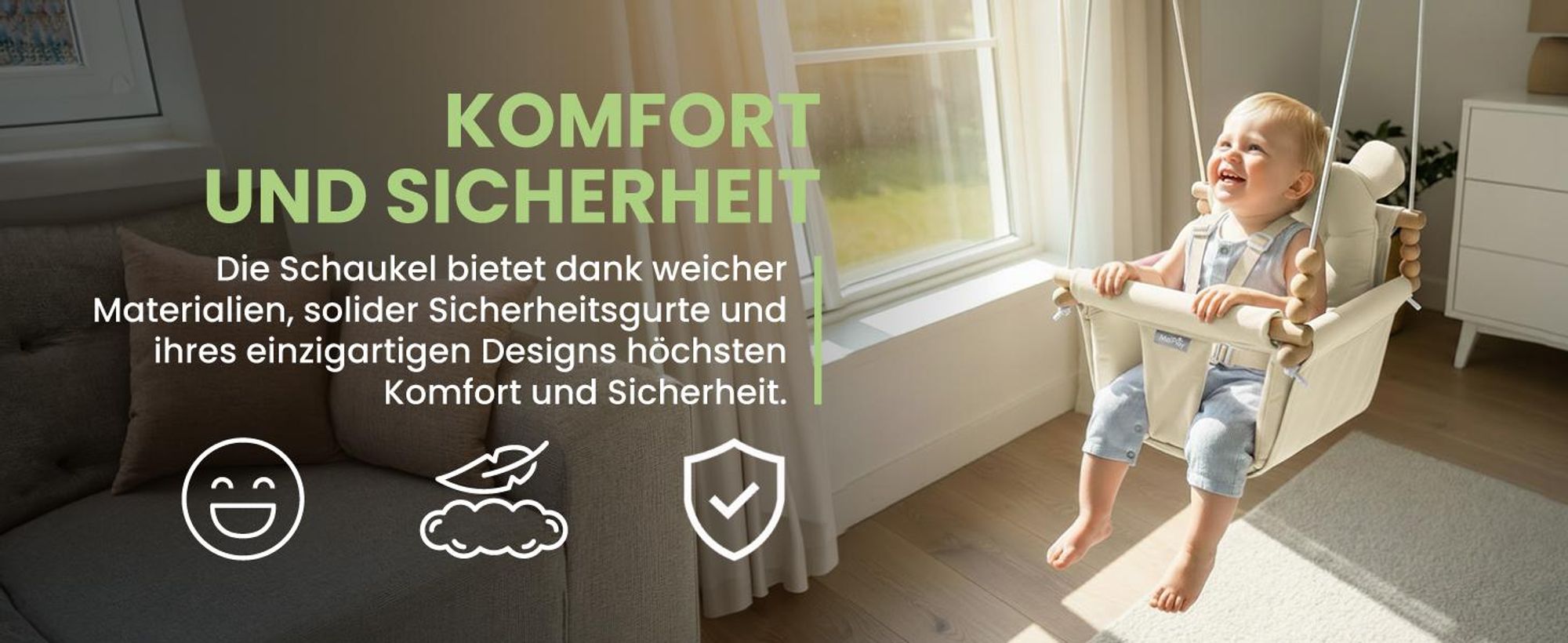 Beigefarbene Kinderschaukel an Seilen mit Baumwollkissen