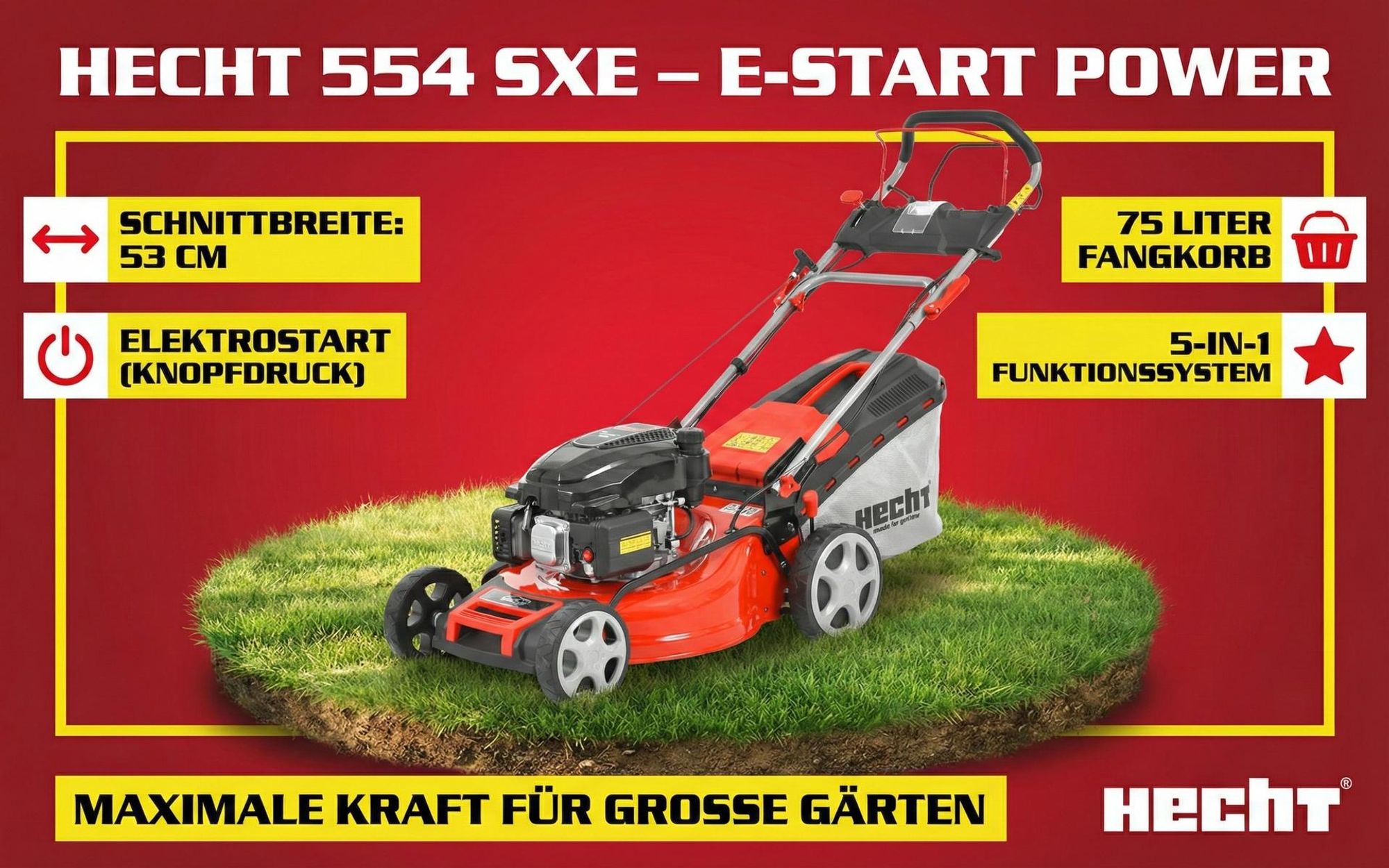 HECHT Rasenmäher Benzin mit Antrieb 554 SXE | 53 cm Schnittbreite & Elektrostart | 5in1 | 75L | 6 PS | Mulchkit