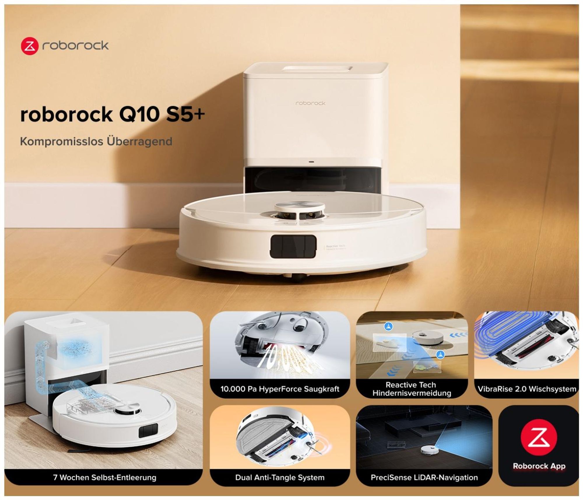 Roborock Q10 S5+ Staubsauger Roboter, 10.000 Pa(Upgrade von S8 Plus), Dual Anti-Tangle System, Auto Lifting Mopping, Ideal für Tierhaare (Weiß)