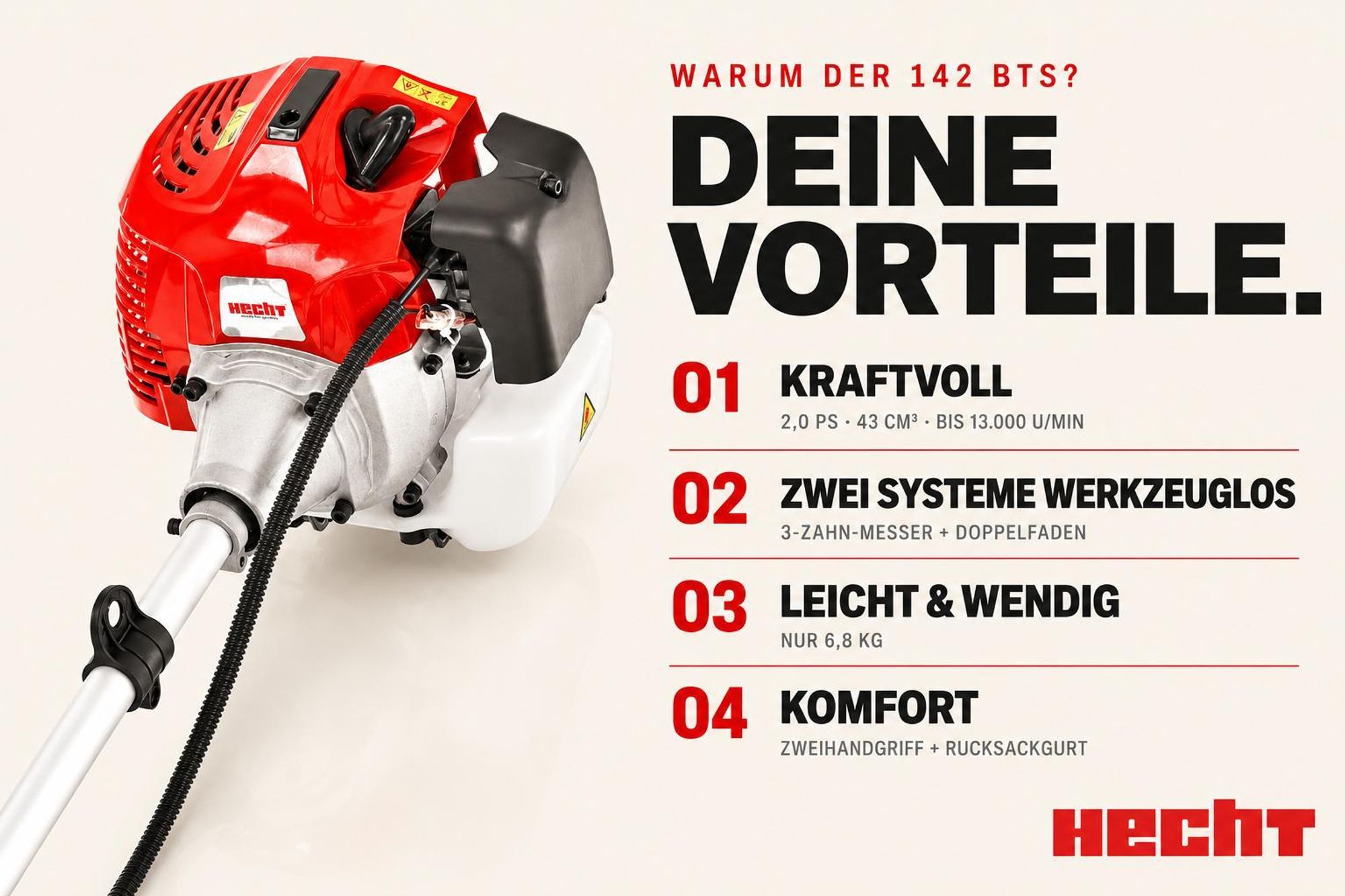 HECHT 142 BTS Freischneider Benzin | mit Tragegurt | 25,4 und 40 cm Schnittkreis | 2 PS | 43cm³