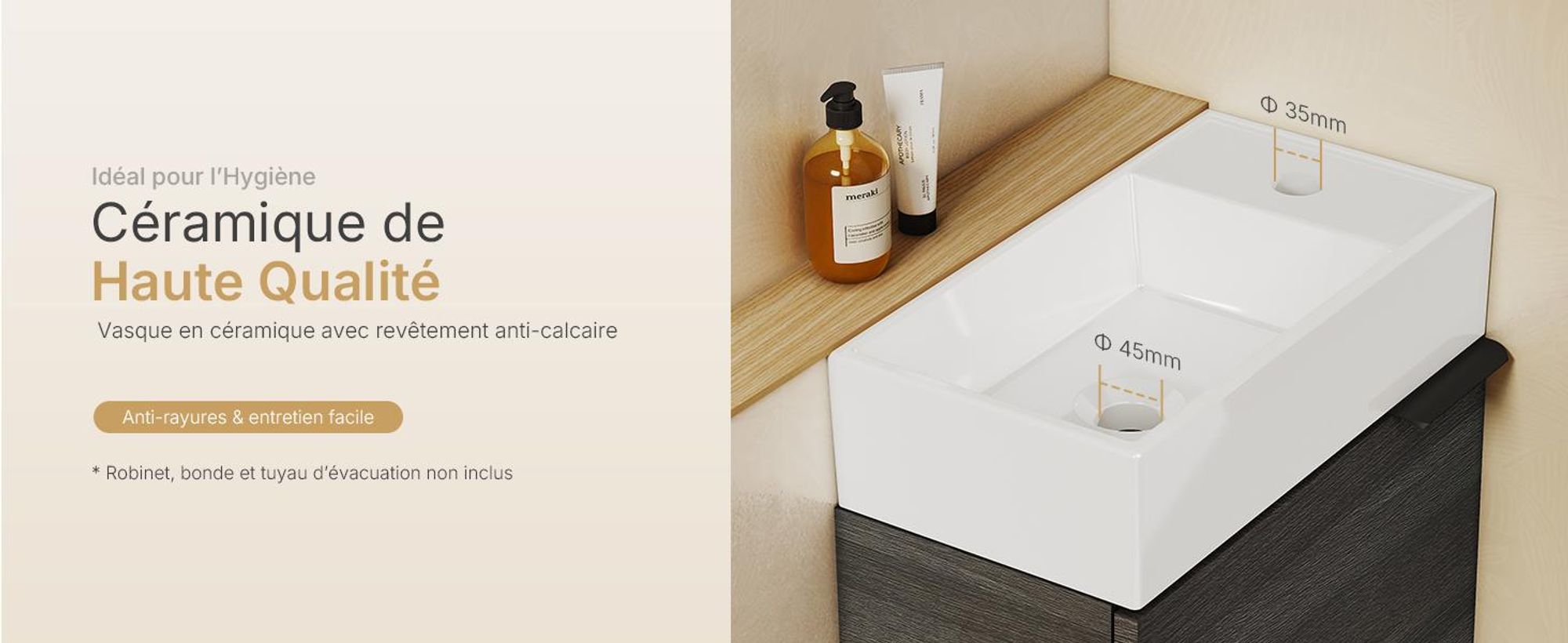 EMKE Ensemble de lavabos Meuble sous-lavabo avec vasque en céramique 417×240×646 mm suspendu, Soft-Close, gris bois