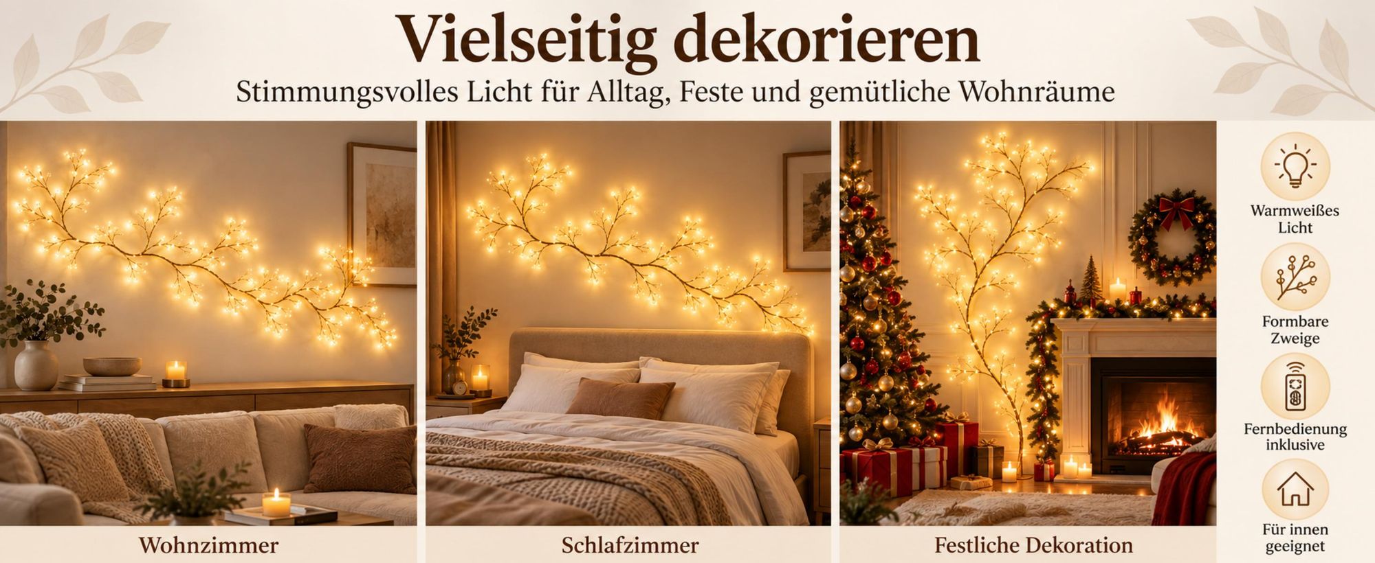 Goldene Lichterzweige, 2 m mit Stecker und Fernbedienung sowie 8 Lichtmodi und 4 Helligkeitsstufen für das Schlafzimmer