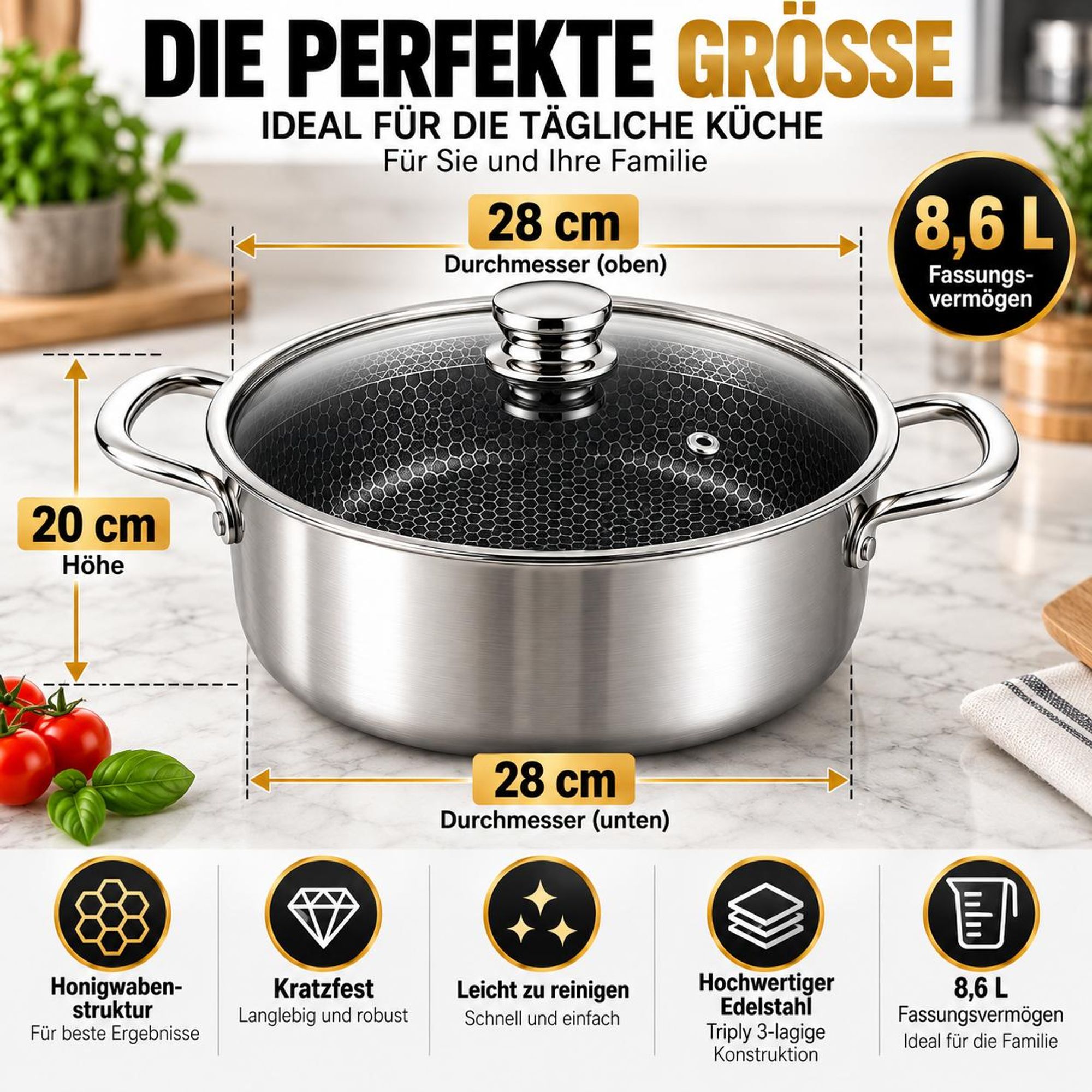Kochtopf 28 cm Edelstahl mit Honigwabenstruktur Induktionsgeeignet Royal Swiss