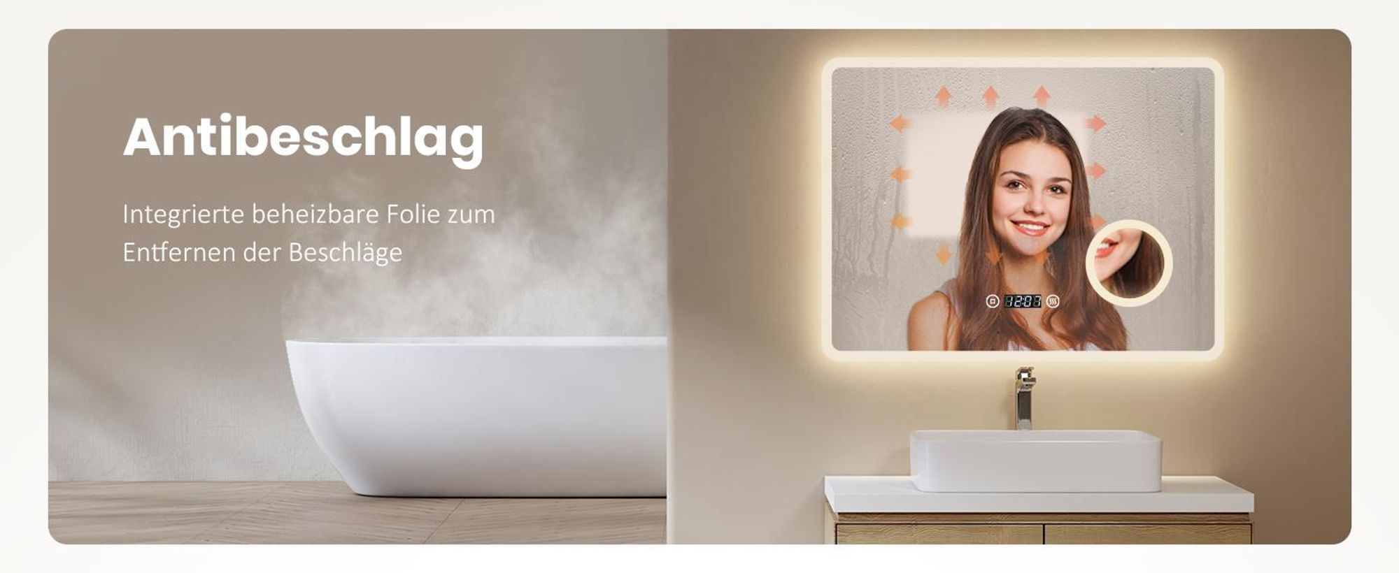 EMKE Badspiegel mit 3X Vergrößerung Touchschalter 3 Lichtfarben Dimmbar Antibeschlag Uhr 80X60cm