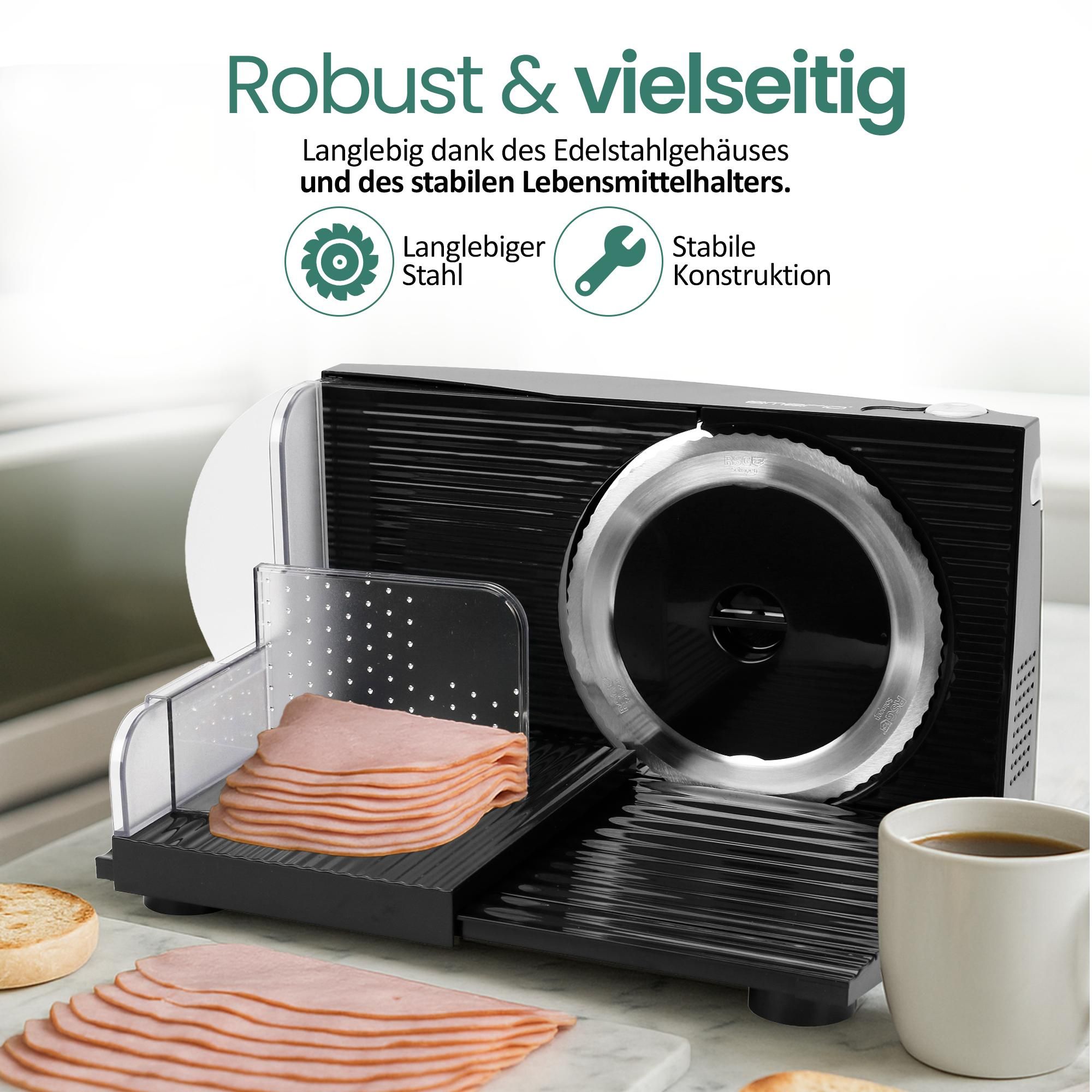 Emerio Multifunktionale Allesschneider – 100 W – Schnittstärke 0–17 mm – Edelstahlmesser – elektrische Schneidemaschine – MS-125000.1