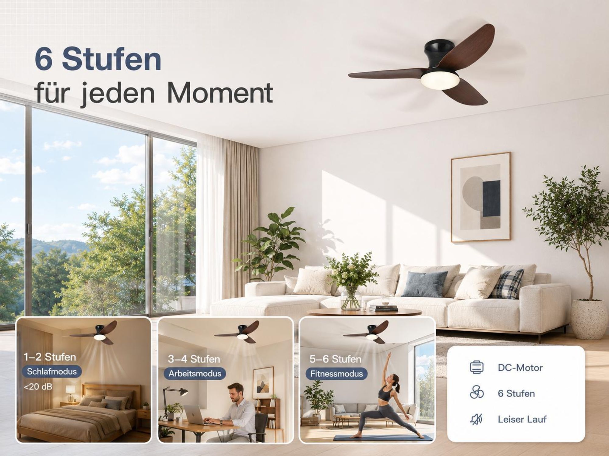Deckenventilator mit Beleuchtung leise, Ø100cm DC Motor 6 Stufen, Smart APP & Fernbedienung, Dimmbar 3 Farben Umkehrbare Windrichtung Wohnzimmer Büro