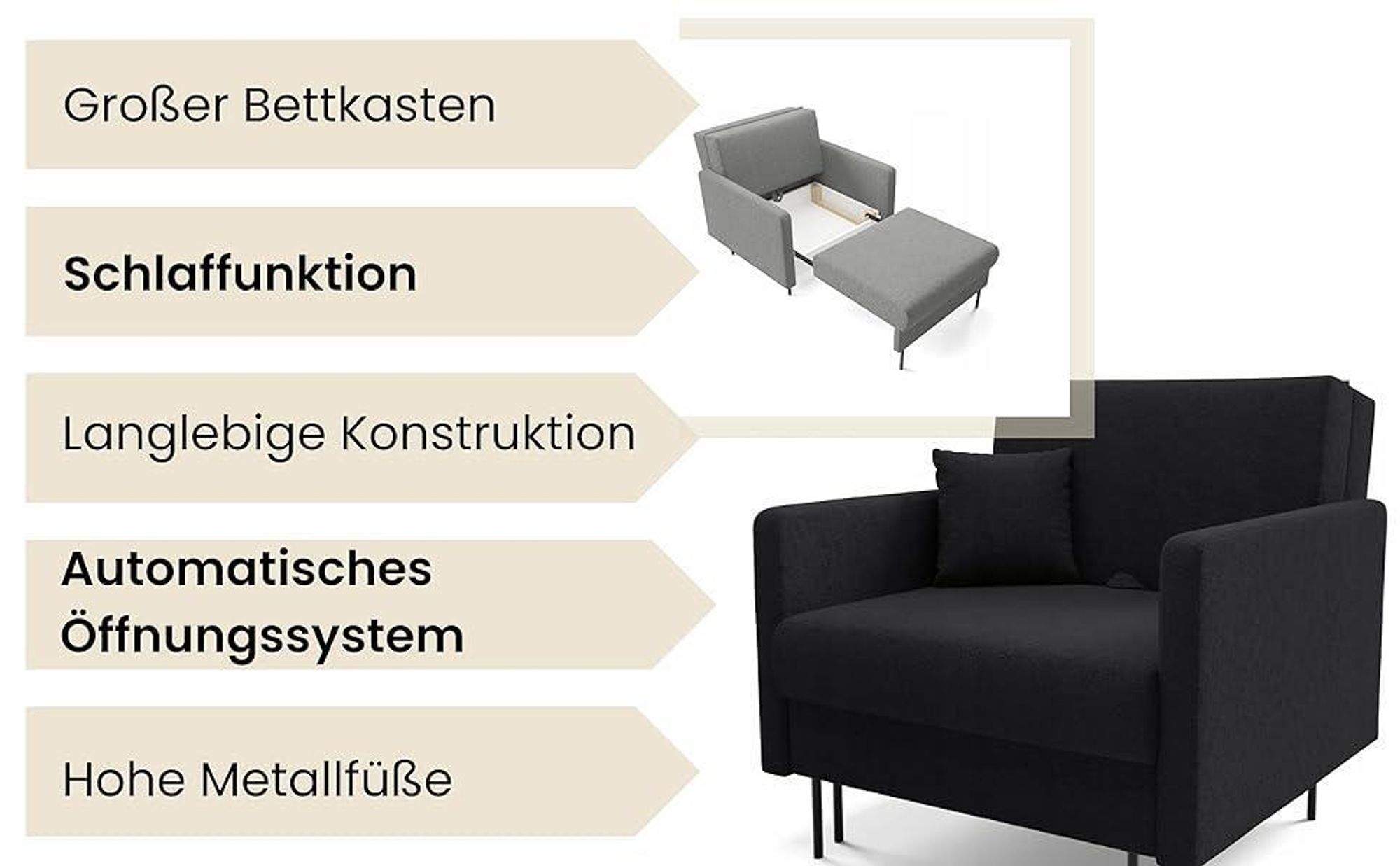 LIKMA Mara Schlafsessel 1-Sitzer 98x98x107 cm Weiß ausklappbar mit Bettfunktion 80x188 cm Sesselbett mit Stauraum und Kissen