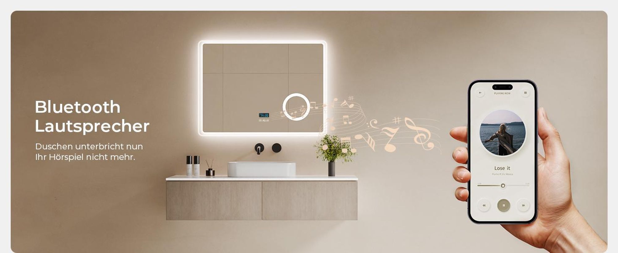 S'AFIELINA 60x100 cm LED Badspiegel mit Beleuchtung , Touch, dimmbar, 3 Lichtfarben, Bluetooth, Uhr, beschlagfrei, 3X Kosmetikspiegel, Wandmontage