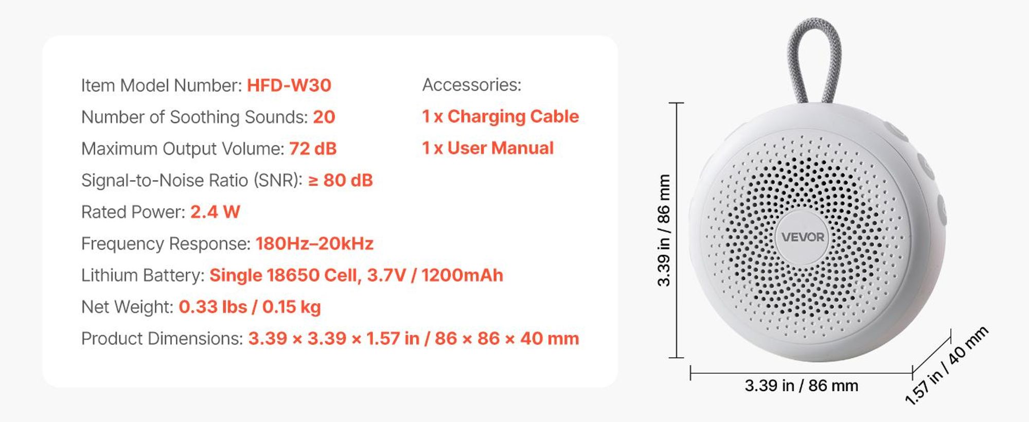 VEVOR Einschlafhilfe, White Noise Machine, 20 Musiktitel, 4-in-1-Soundmaschine mit weißem Rauschen, automatischem Abschalttimer, sanftem Ringlicht, Speicherfunktion & Kindersicherung, Rauschgerät