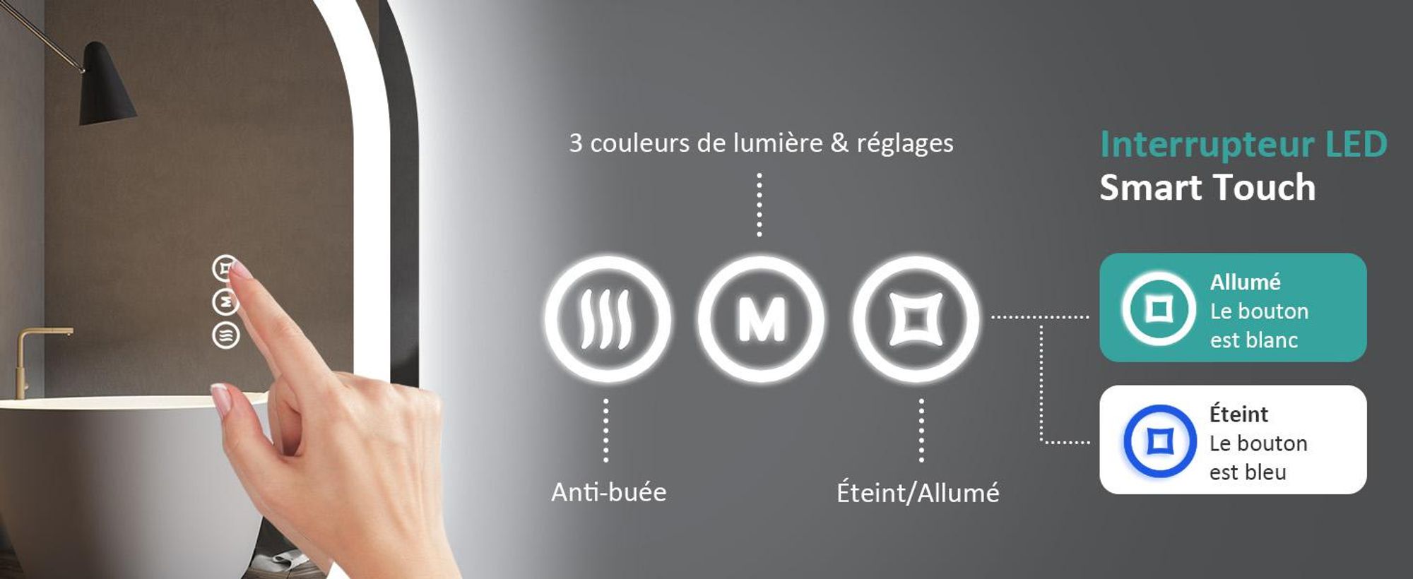 EMKE LED miroir de salle de bain 70x50cm miroir de salle de bain antibuée éclairage 3 couleurs de lumière miroir de salle de bain rond miroir mural interrupteur tactile réglable lumière