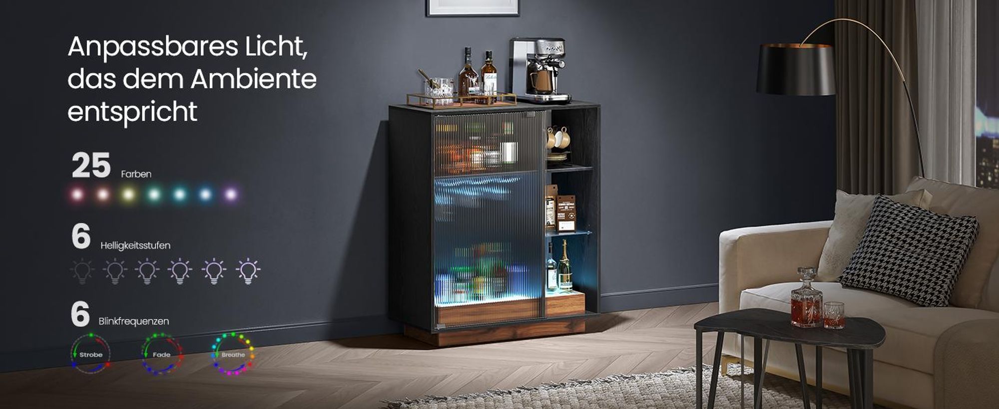 VASAGLE Weinschrank mit Beleuchtung, Sideboard mit LED, Küchenschrank für Weinflaschen, Barschrank mit Weinglashalter, geriffelte Glastür
