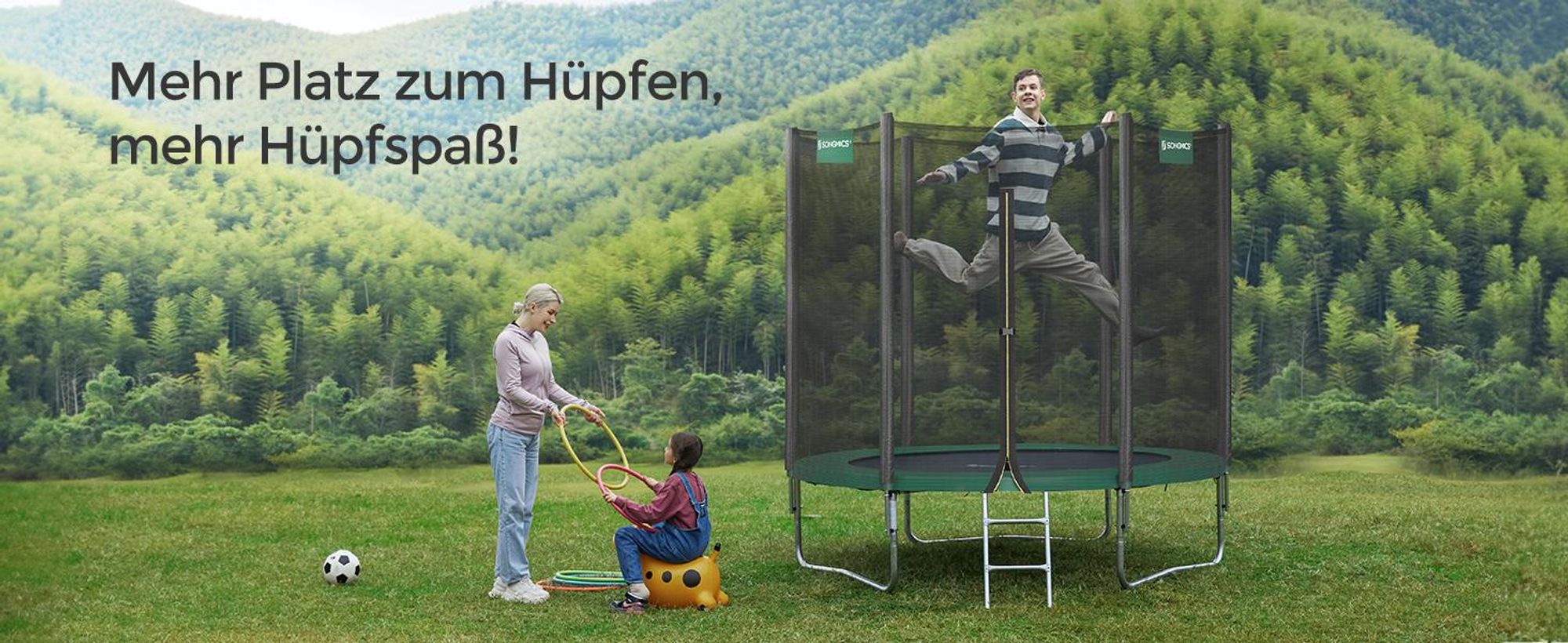 SONGMICS Trampolin Ø 183 cm, Gartentrampolin für Kinder mit Sicherheitsnetz, Randabdeckung, Leiter, 180 cm hohe gerade Stangen, Stahl-Rahmen, Pink