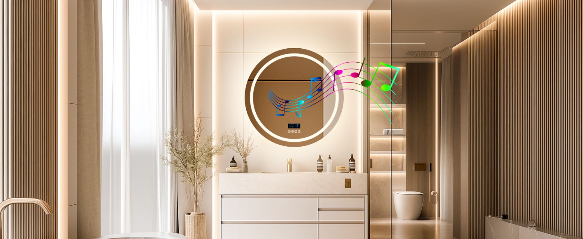 WISFOR LED Badspiegel mit Bluetooth Lautsprecher, 80×80cm Badezimmerspiegel mit Beleuchtung 3 Lichtfarbe, LED Wandspiegel dimmbar beschlagfrei, Touchs