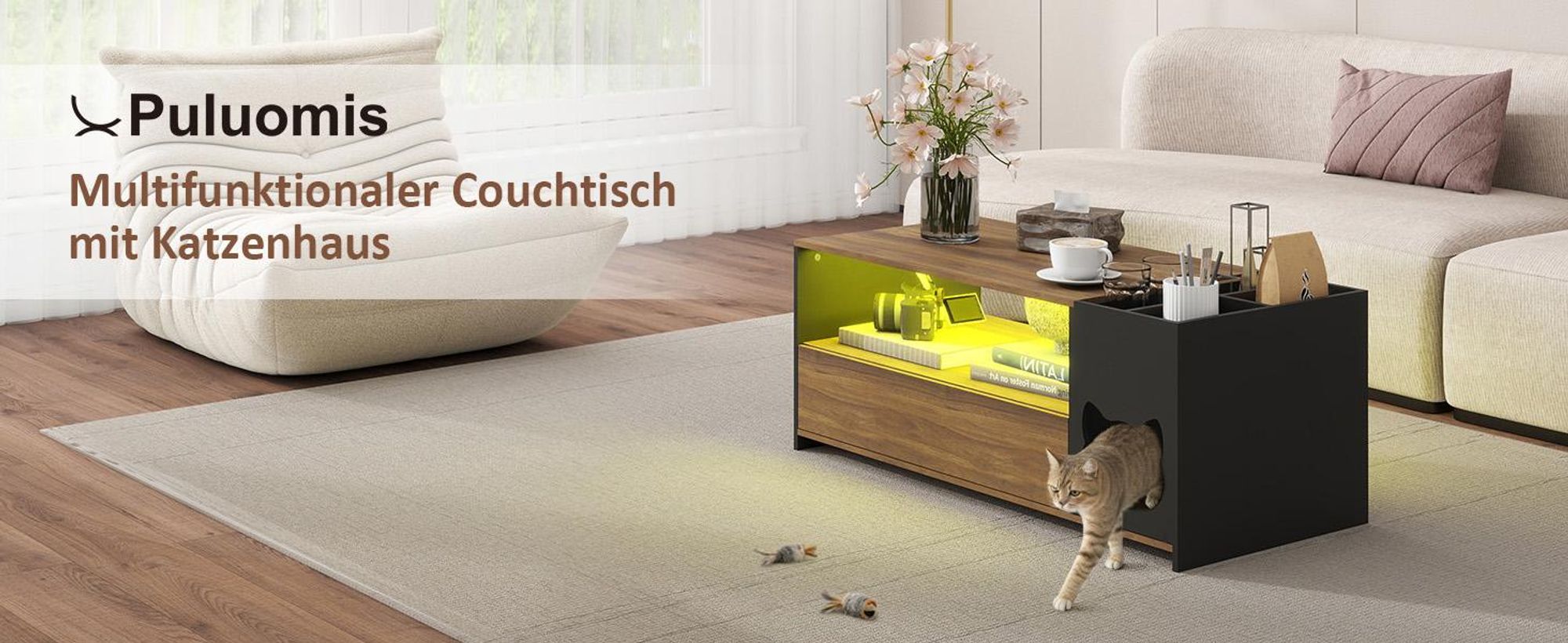 Puluomis Couchtisch mit Schublade, RGB LED Beleuchtung und Fernbedienung, Kaffeetisch mit Katzenhaus, Katzentisch Großes Staufach , für Wohnzimmer