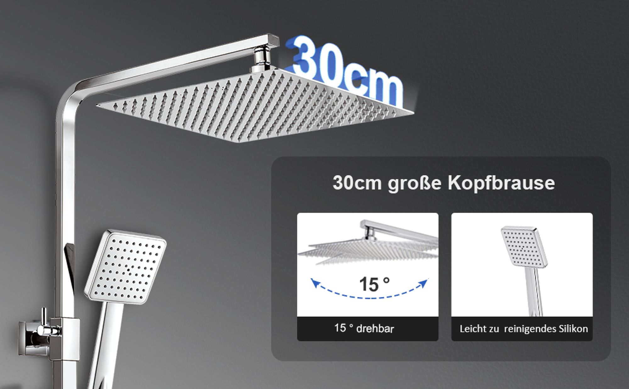 Heilmetz Regendusche Duschsystem mit Thermostat, 30x30cm Edelstahl Duschset, Höhenverstellbar (Chrom/Eckig)