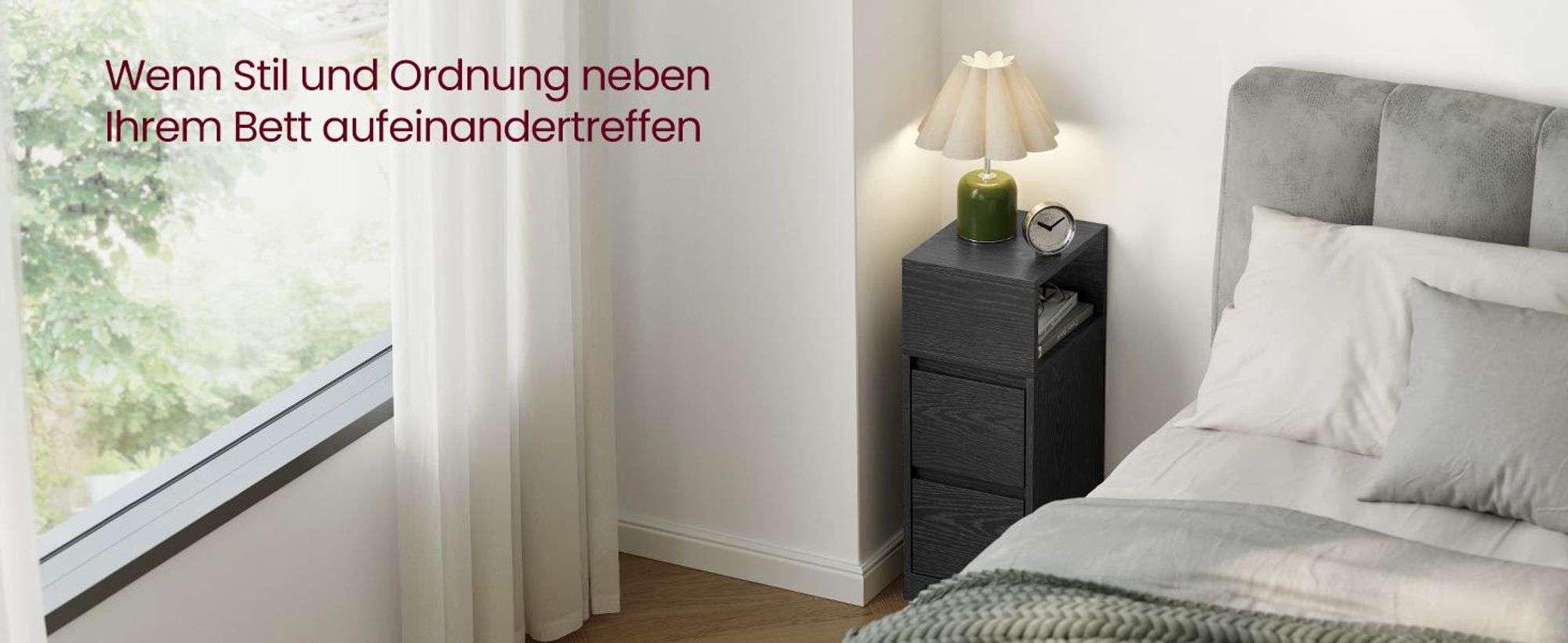 VASAGLE Nachttisch, schmal, Beistelltisch mit 2 Schubladen, offenes Fach
