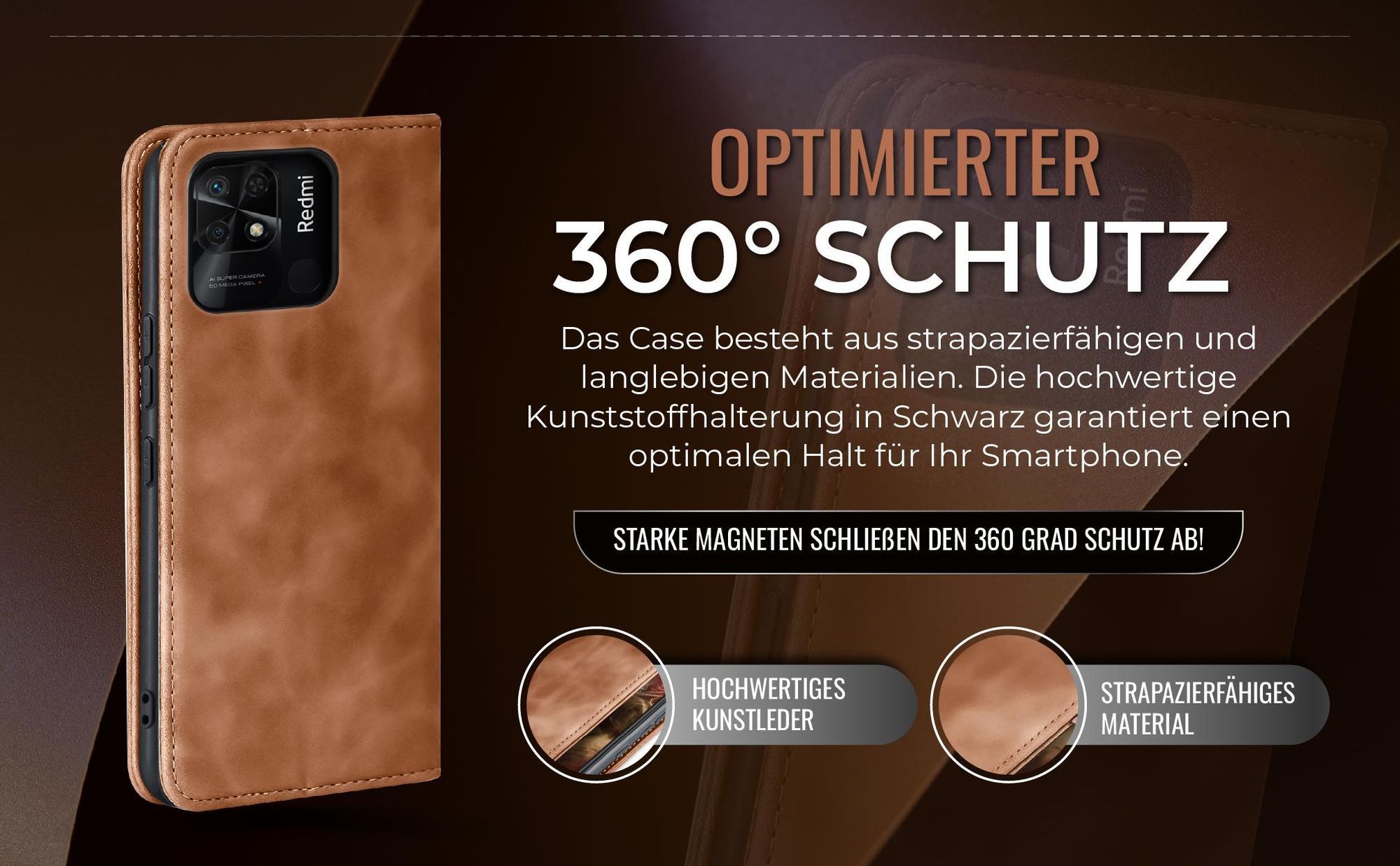 Hellbraune Handyhülle für Xiaomi Redmi 10C mit 360 Grad Schutz
