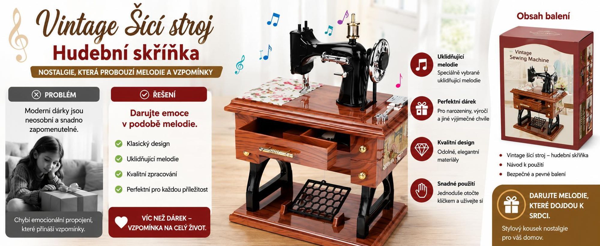 Šicí stroj s hracím mechanismem v retro stylu, mechanický hrací automat s natahovacím mechanismem – MUSISEW