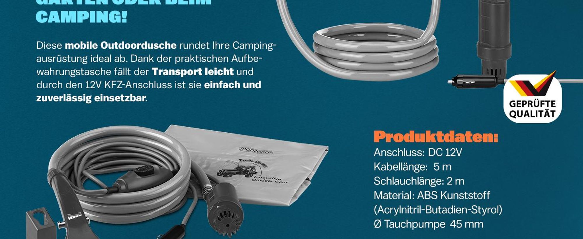 MONZANA® Campingdusche 12V KFZ-Adapter Aufbewahrungstasche 2m Schlauch 5m Stromkabel Handbrause Hundedusche Gartendusche Dusche Tauchpumpe anthrazit