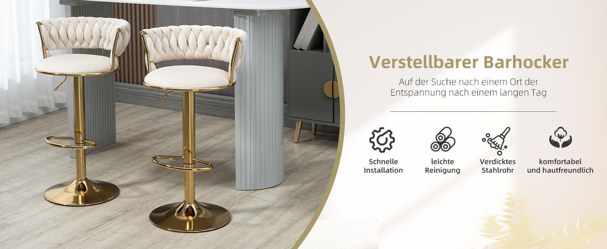LVHOM 2er Set Barhocker Barstuhl mit Rückenlehne, Tresenhocker Samtbezug höhenverstellbar Hocker 360° drehbar, Goldene Metallsockel, Ivory